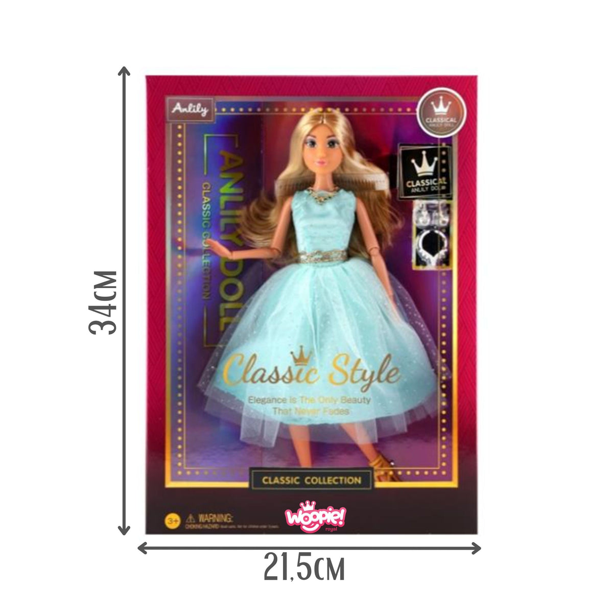 Woopie Royal Lily Doll 30 Cm Long Blonde Hair Elegant Turquoise Dress