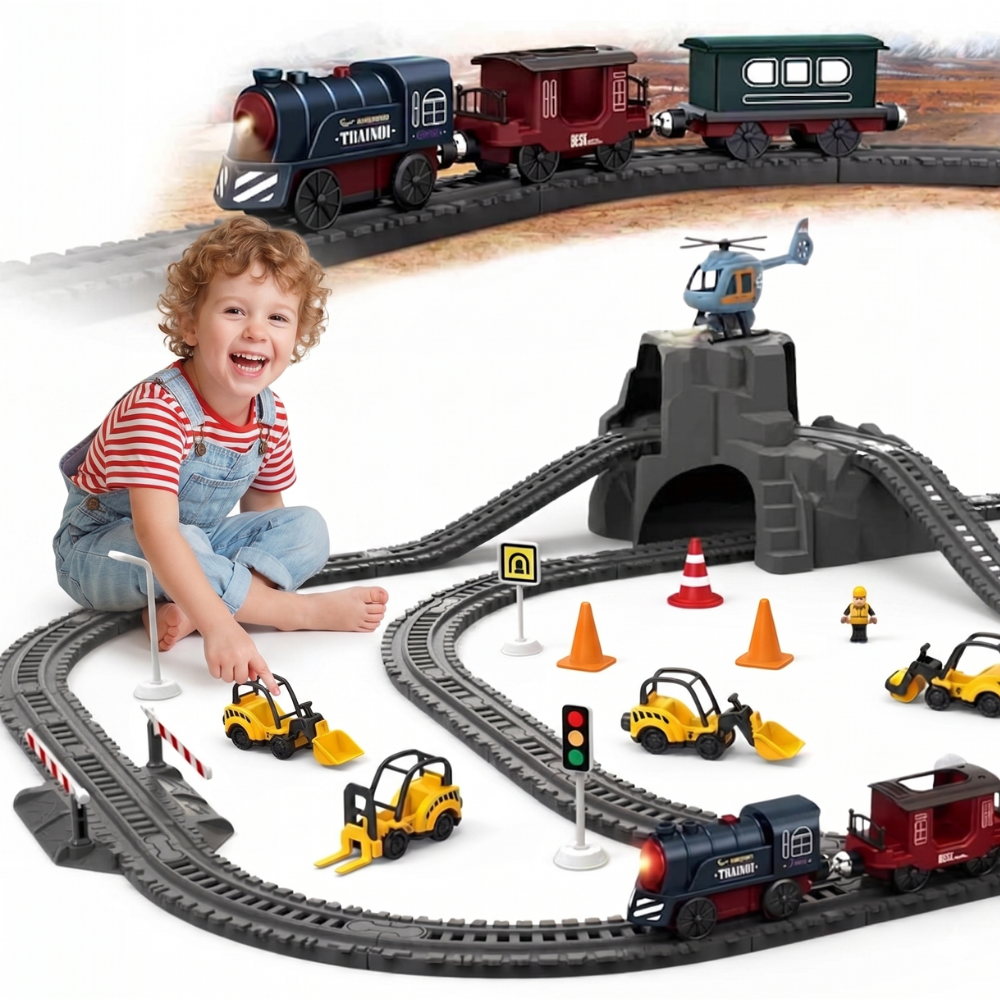 Woopie Electric Train Track Retro Train Locomotive + 2 Wagons – 76-piece Set
