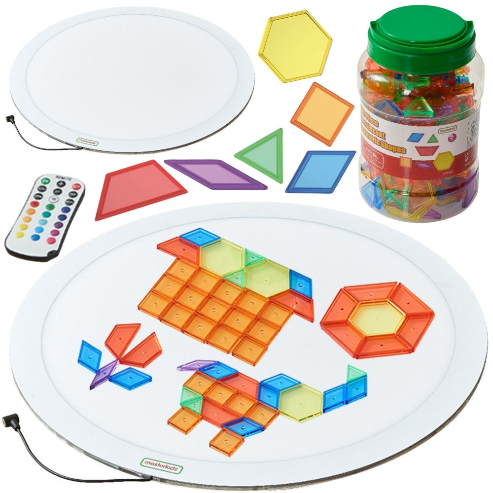 Barevný kulatý LED světelný panel Masterkidz + mozaikové bloky Montessori 140 ks.