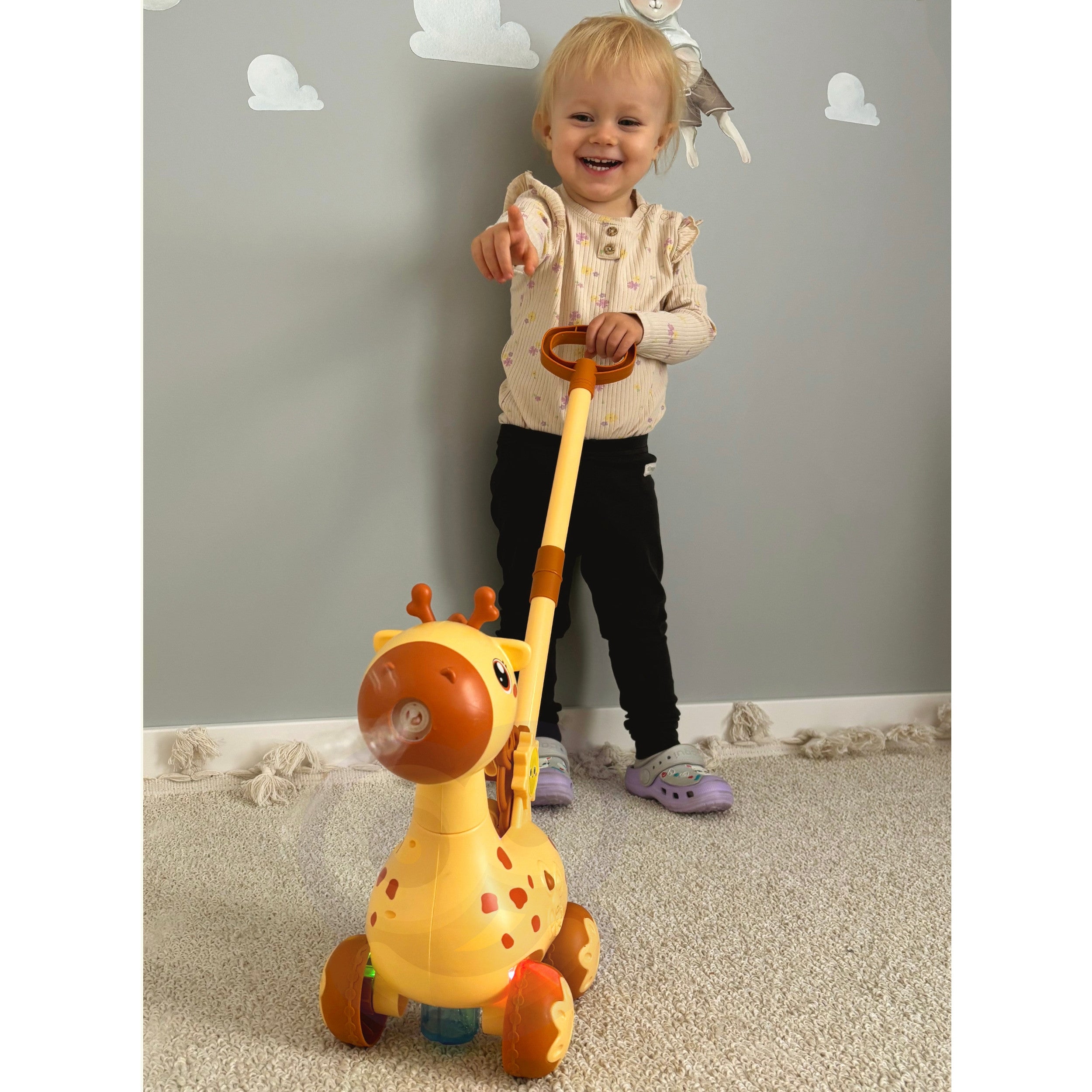 Máquina de burbujas 2 en 1 Woopie Giraffe Pusher para niños