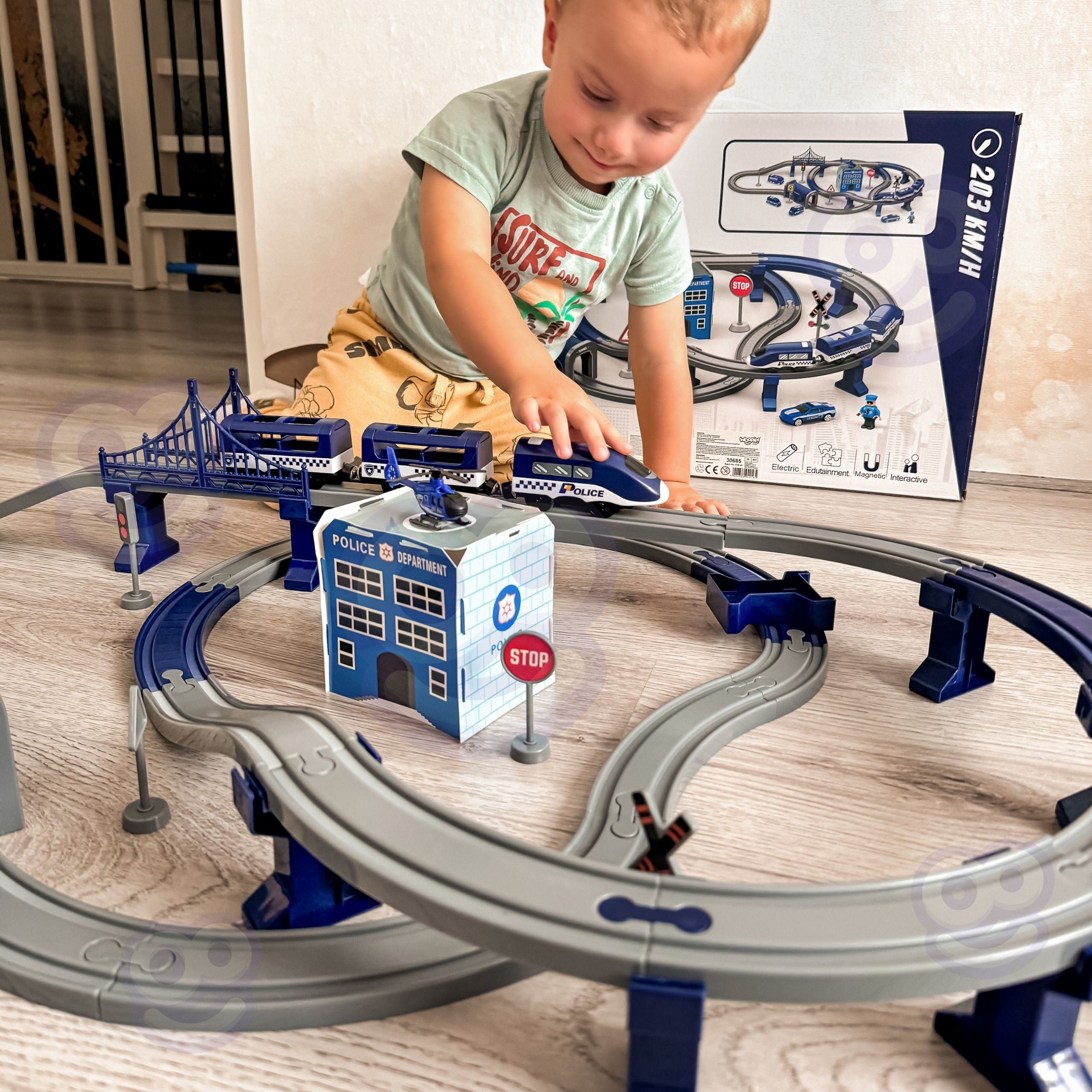 Woopie Electric Train Car Track Police Station Helicopter Cars 92 Pcs.