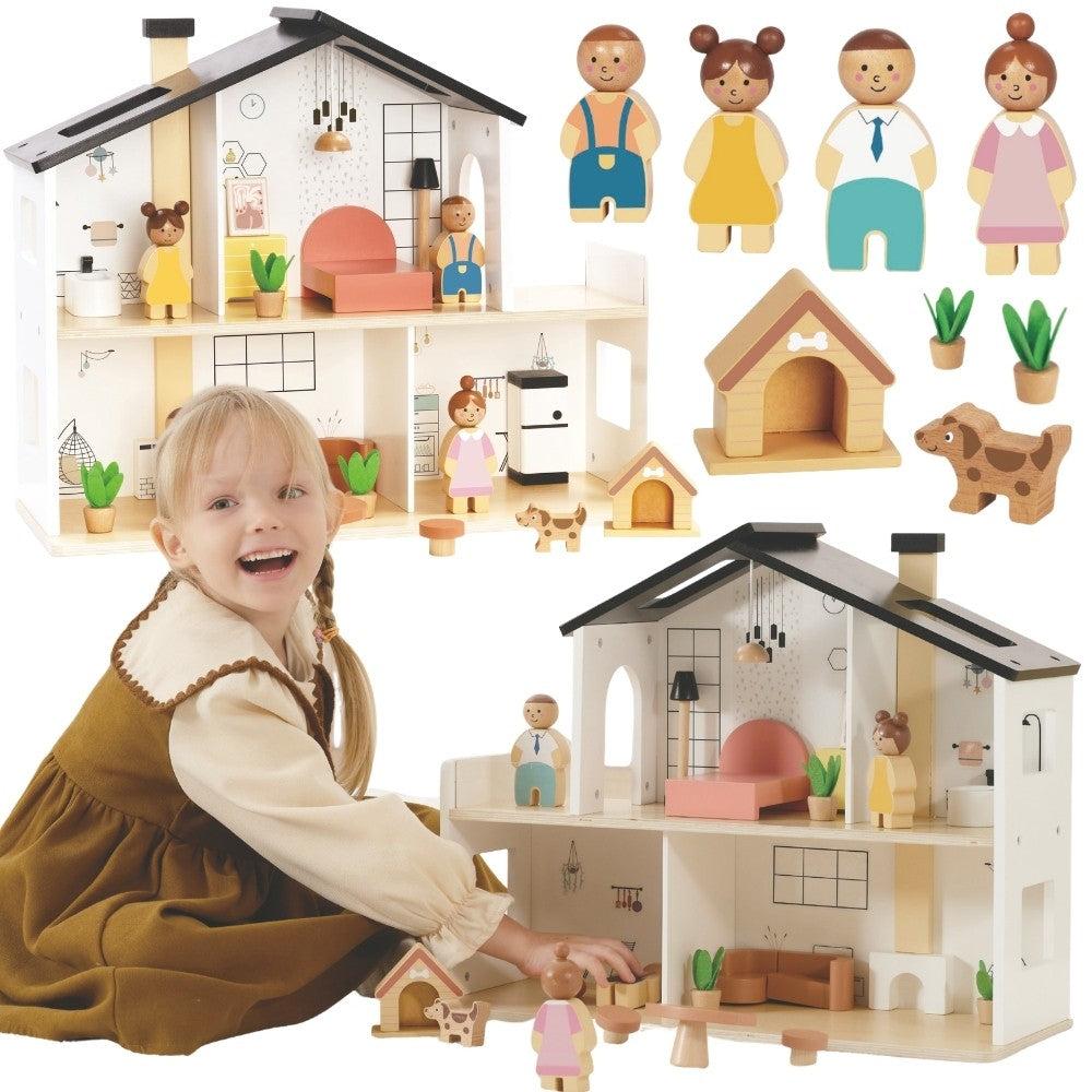 Tooky Toy Дървена къща за кукли с аксесоари и семейство 20 бр.