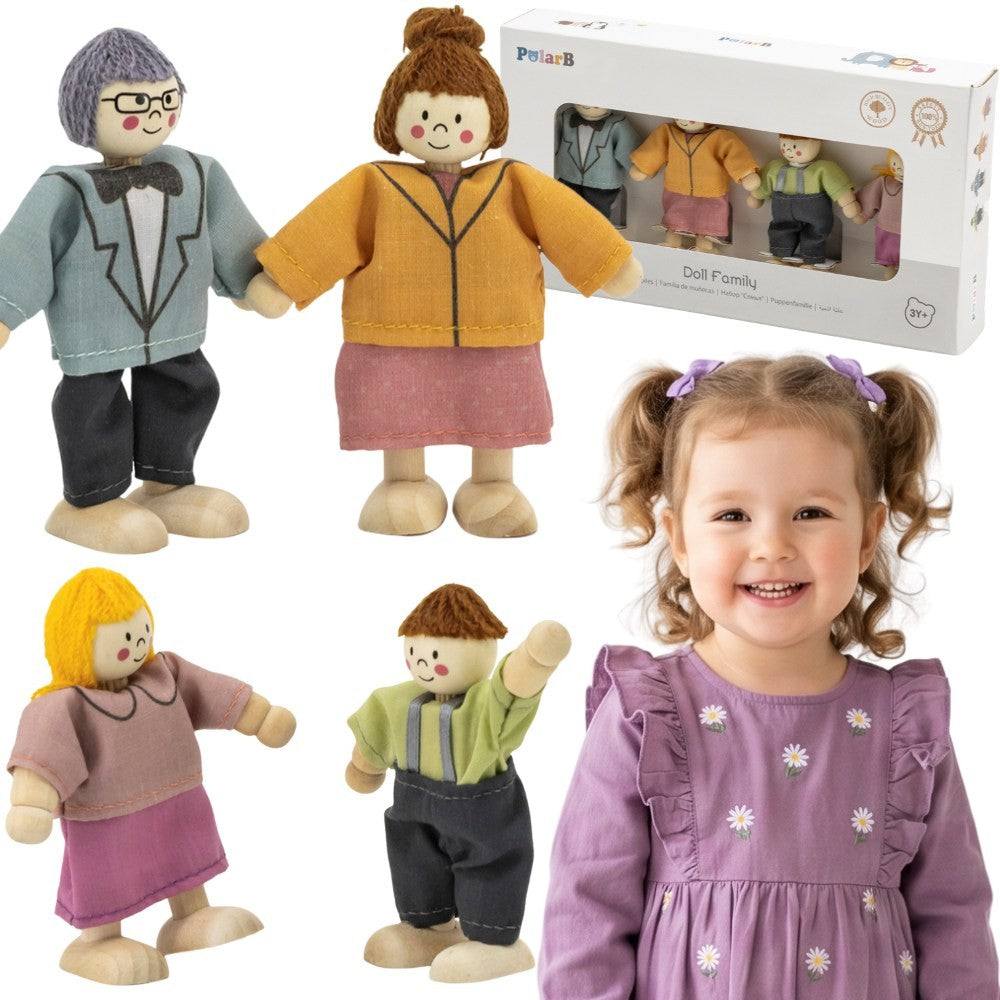 Viga Set Of Wooden Dolls With Cloth Clothes 4 Pcs
