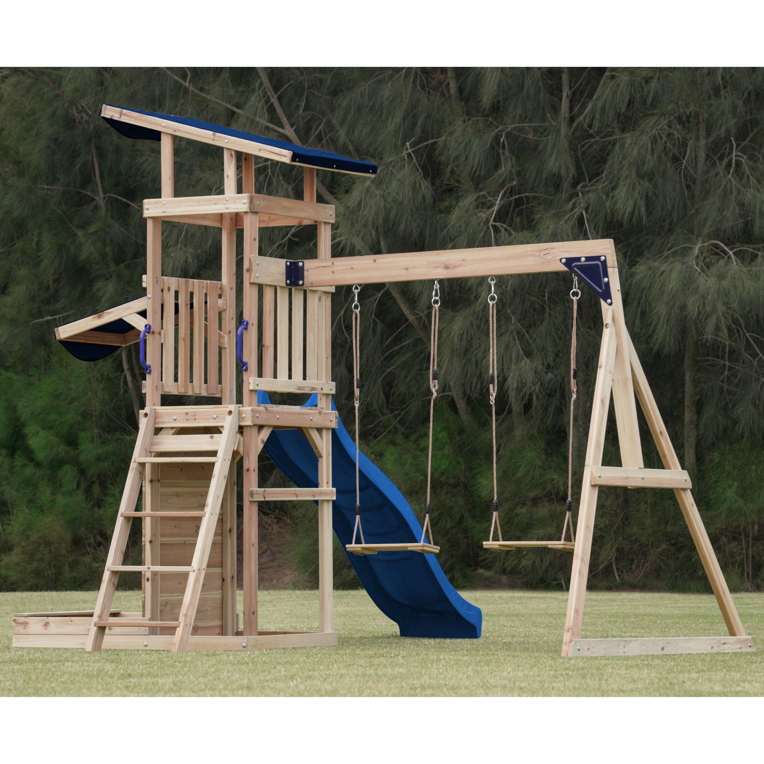 Altalene per parco giochi in legno Axi, torre scorrevole + sabbiera