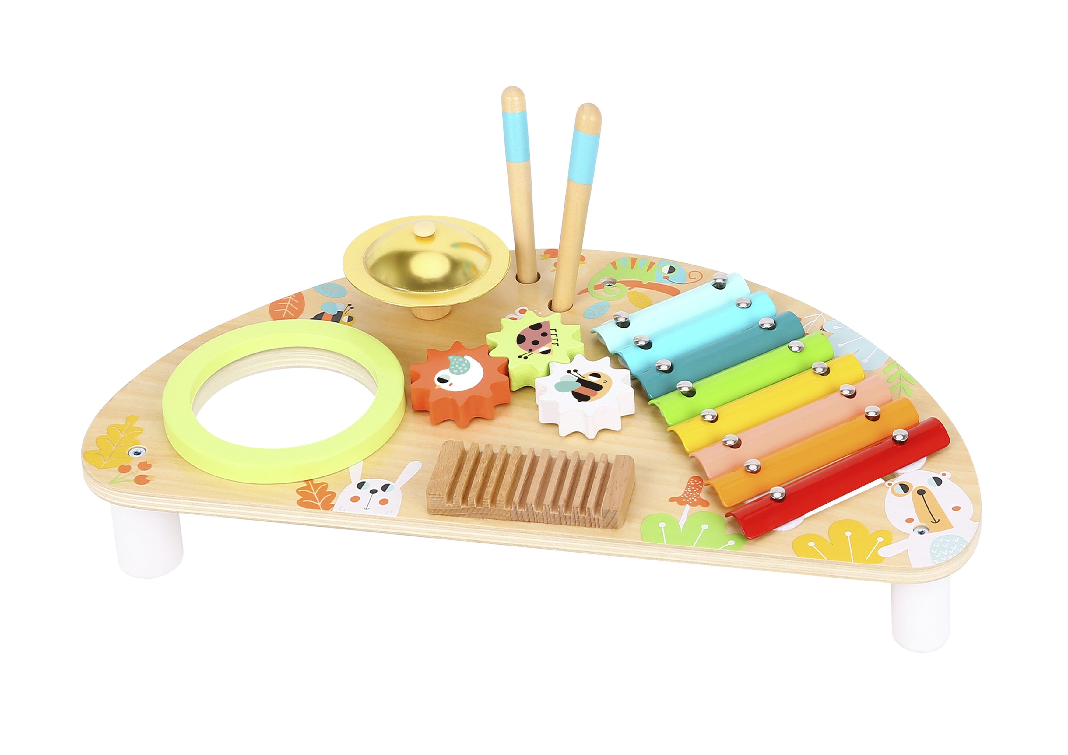 Tooky Toy Strumento multifunzionale Centro musicale Xilofono Ingranaggi Grattugia Tamburo Bacchette per piatti