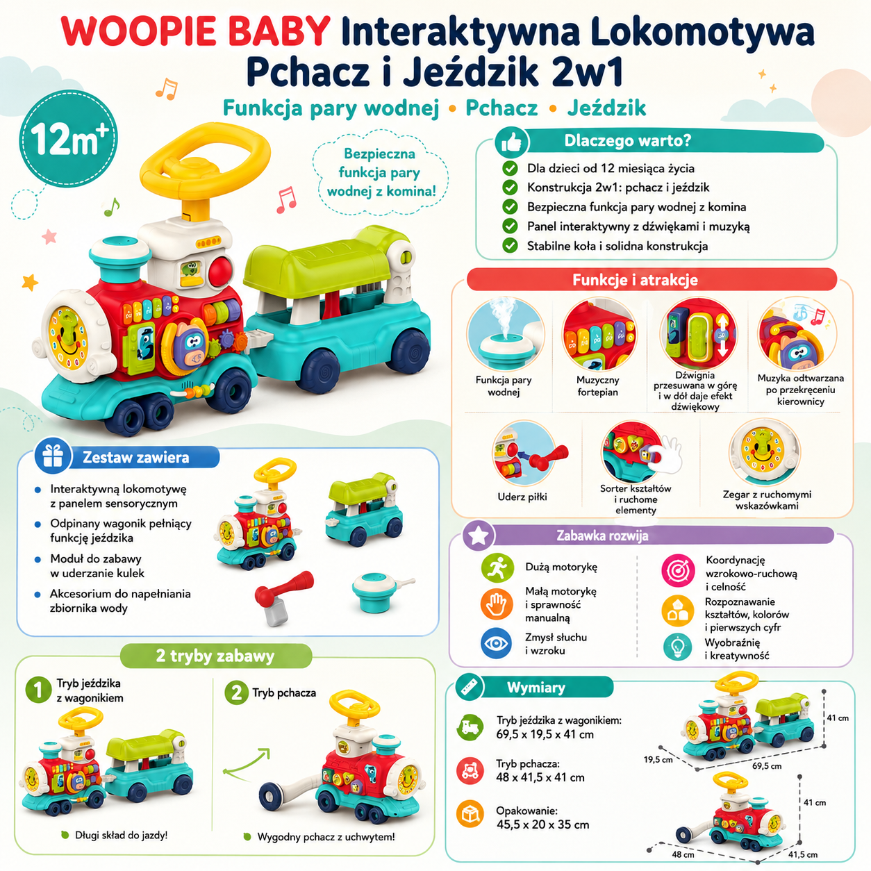 Woopie Baby Locomotive Pusher Trem interativo 2 em 1