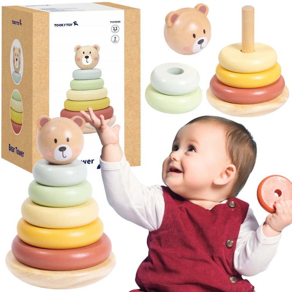 Tooky Toy Træ Sensorisk Puslespil Pyramide Bamse Sensorisk Farverig Stabler