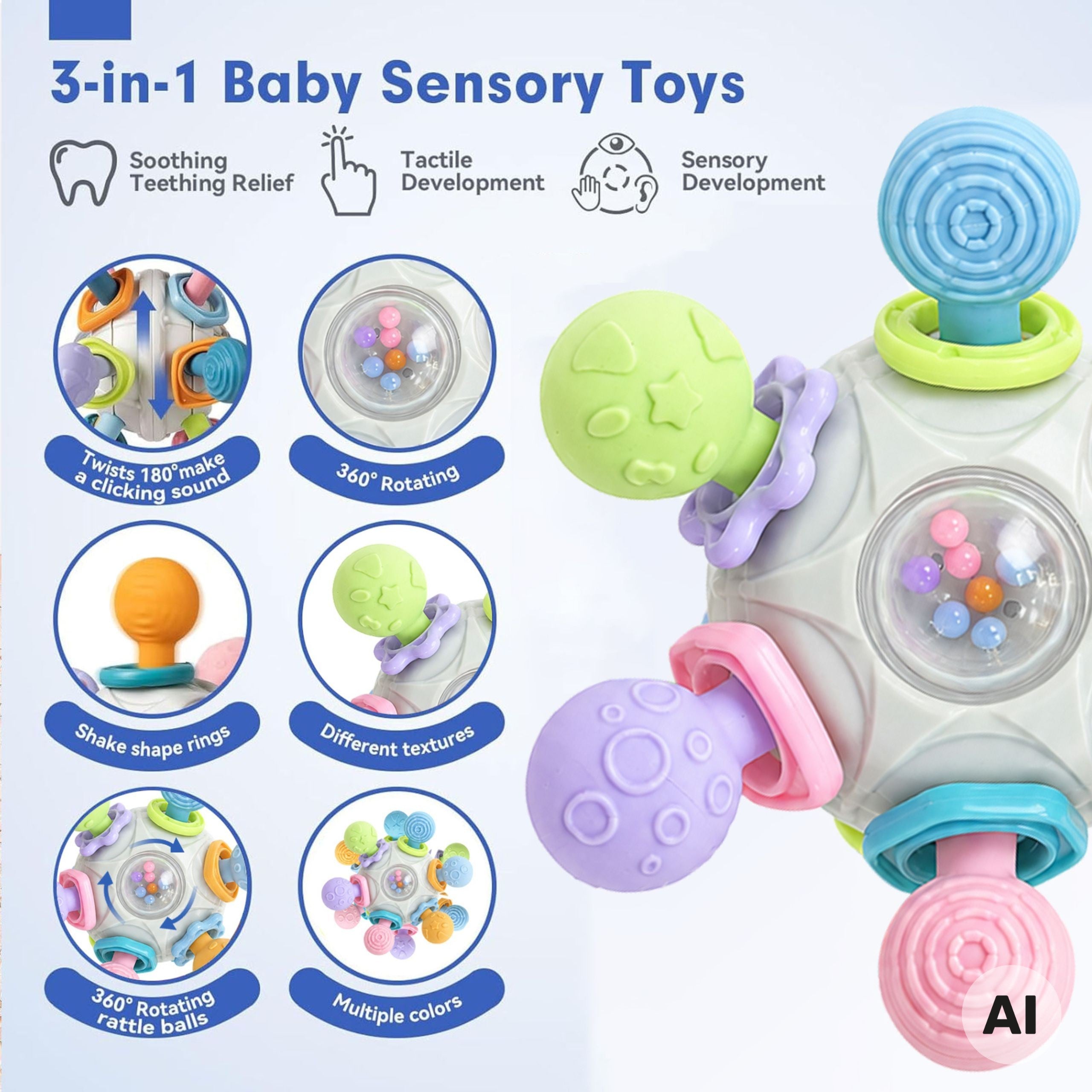 Woopie Baby Sensory Toy Teether Ball 3in1 Ball 6m+