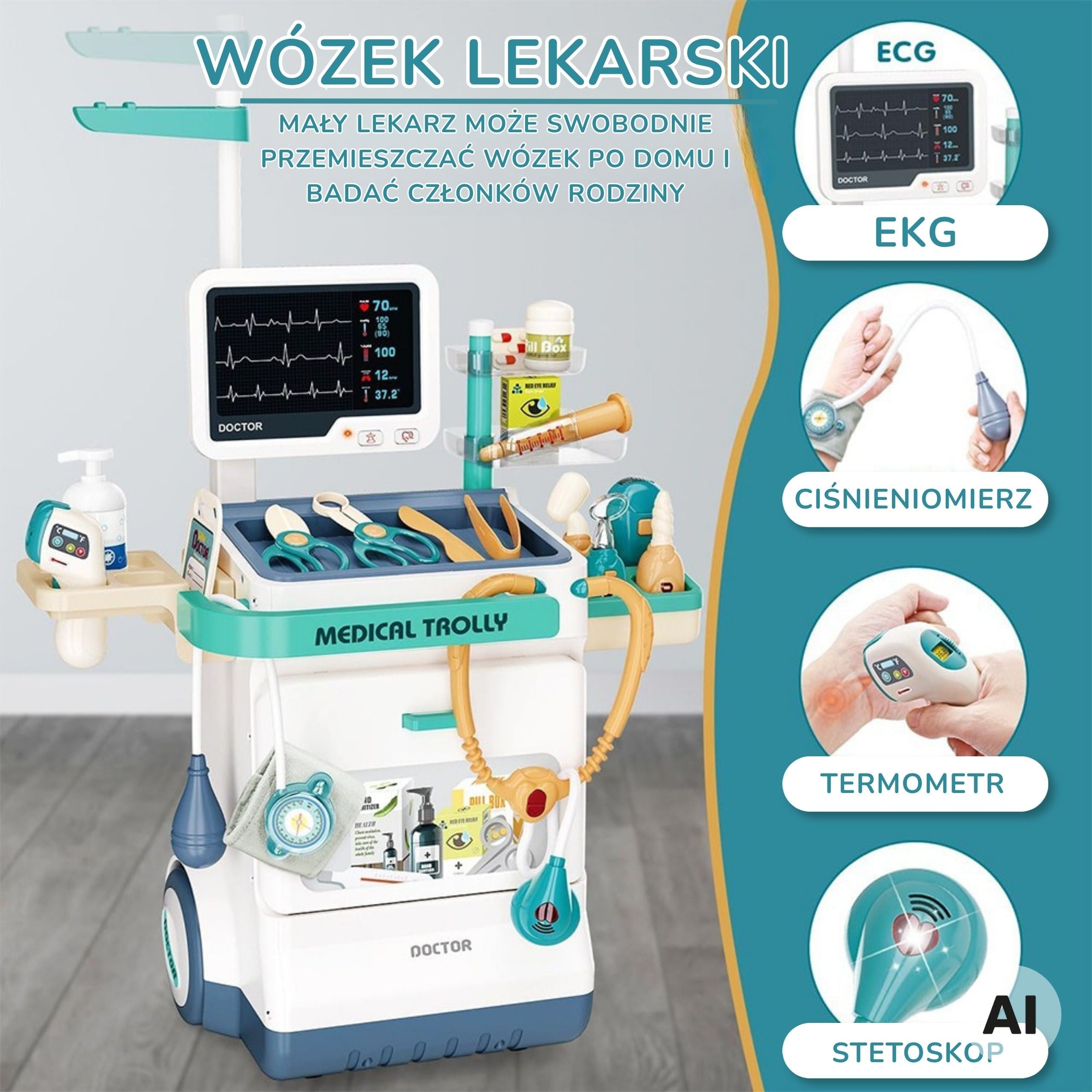 Woopie Doctor's Trolley Set Little Doctor Ekg Sound Light Adjustable 26pcs