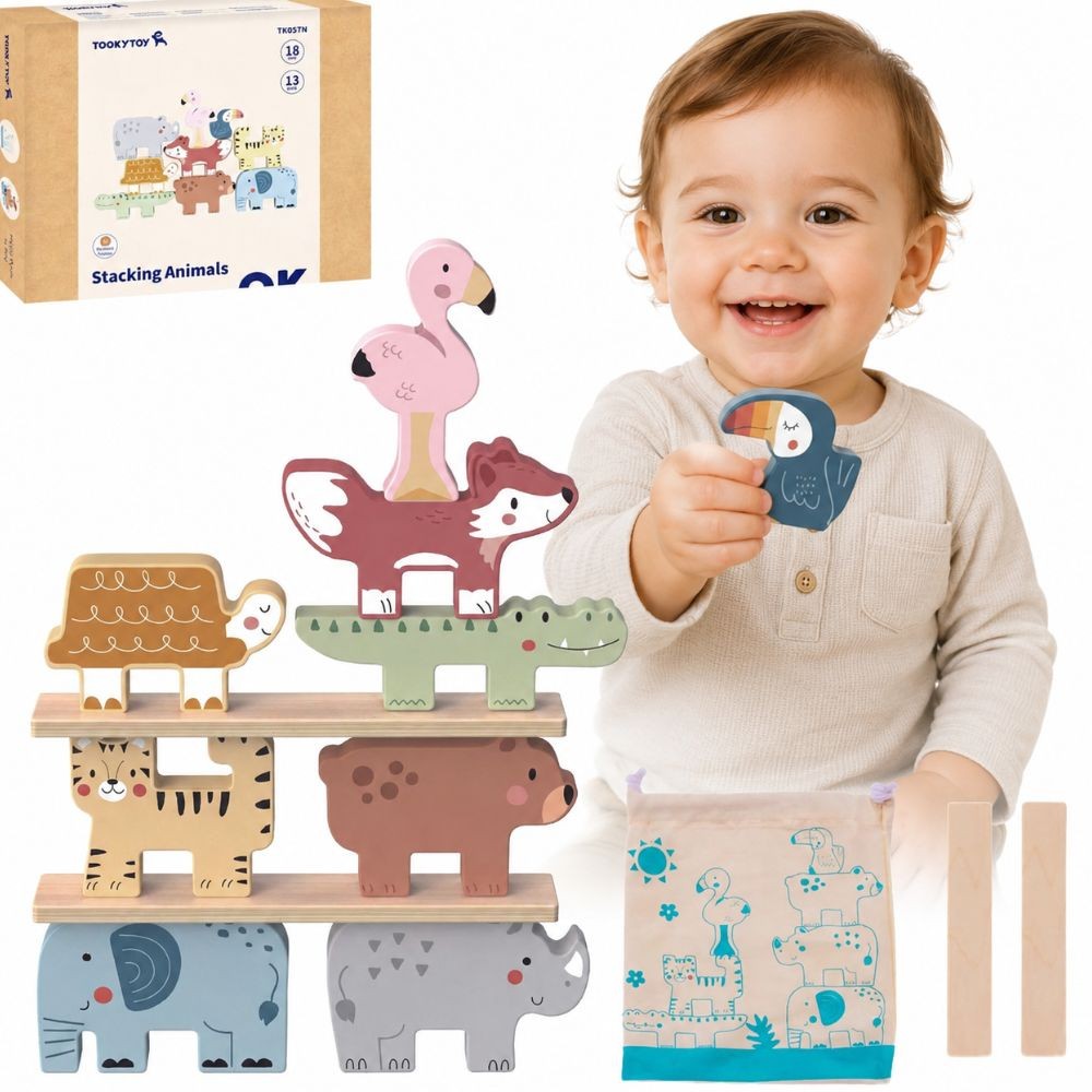 Tooky Toy Wooden Blocks Puzzle Tower Stacker Stacks Animals Montessori 13 Pcs.