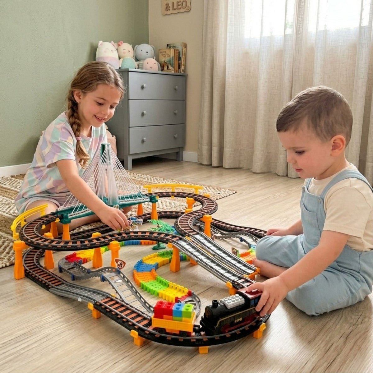 Woopie Trem Elétrico Pista de Corrida 2 em 1 Trem Viaduto Carro Xxl 192 Unidades.