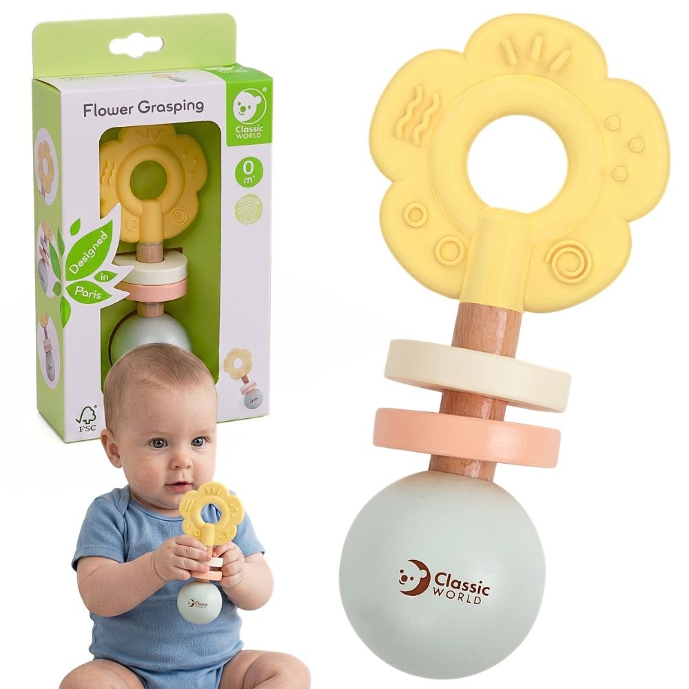 Classic World Wooden Pastel Rattle Teether 2in1 Flower 0+