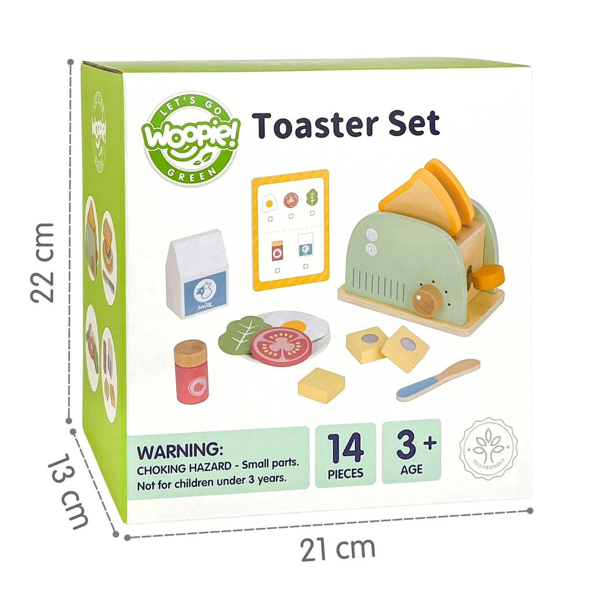 Conjunto de torradeira de madeira verde Woopie para café da manhã com acessórios 14 peças Fsc