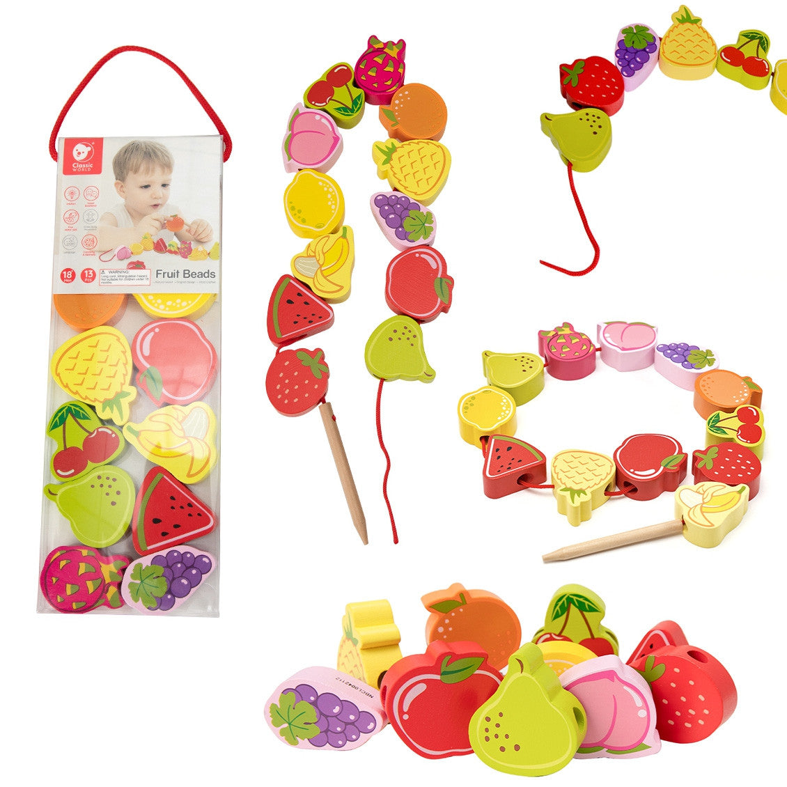 Classic World Wooden Threading Blocks Fruits 13 Pcs.