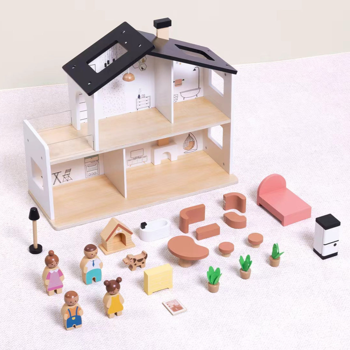 Tooky Toy Casa De Papusi Din Lemn Cu Accesorii Si Familie 20 Buc.