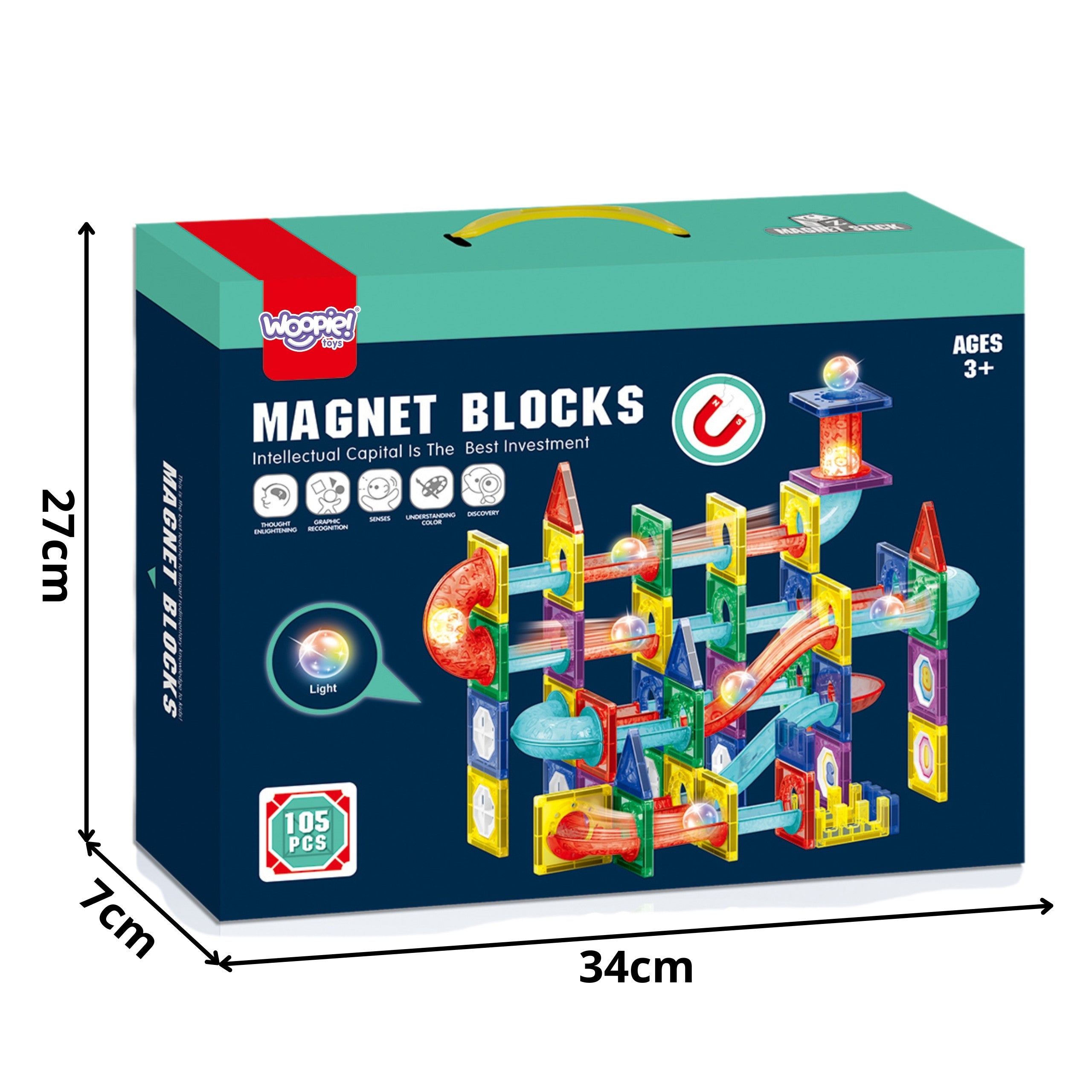 Woopie Bloques de construcción magnéticos Juego educativo 3D Pista de bolas 105 piezas.