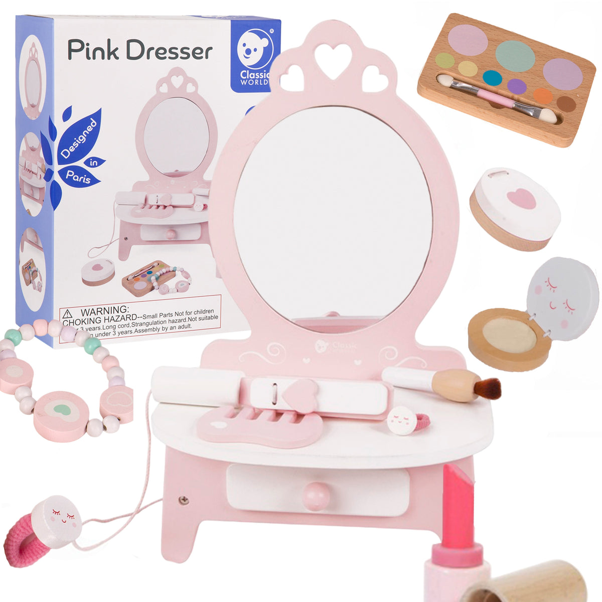 Classic World Tocador de Madera para Niña con Espejo + Plancha de Pelo 11 Accesorios