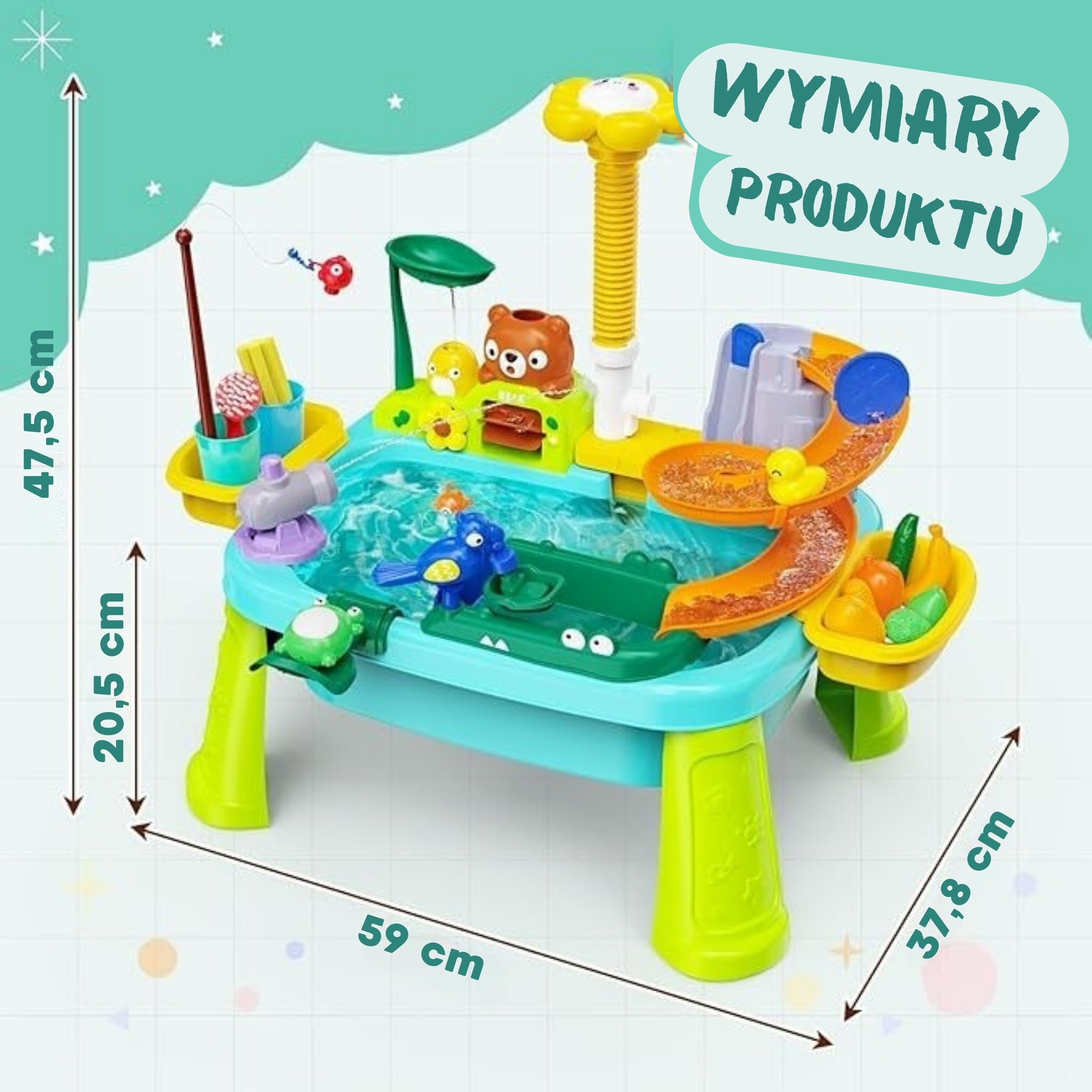 Woopie 4 w 1 Stół wodny Gra wędkarska Zlew wodny Zjeżdżalnia Kwiat
