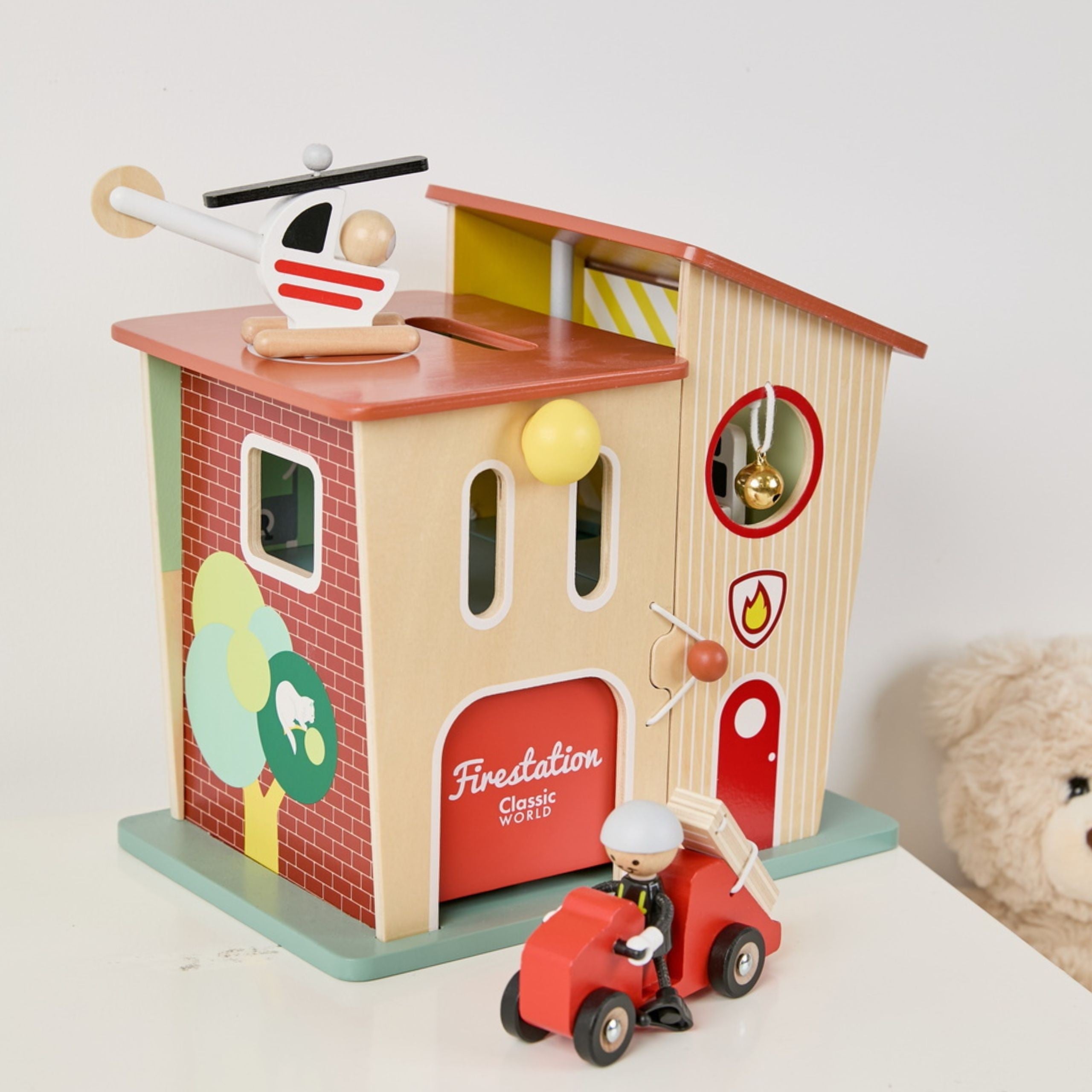 Classic World Wooden Fire Station Garage Car Helicopter Figures 13pcs.