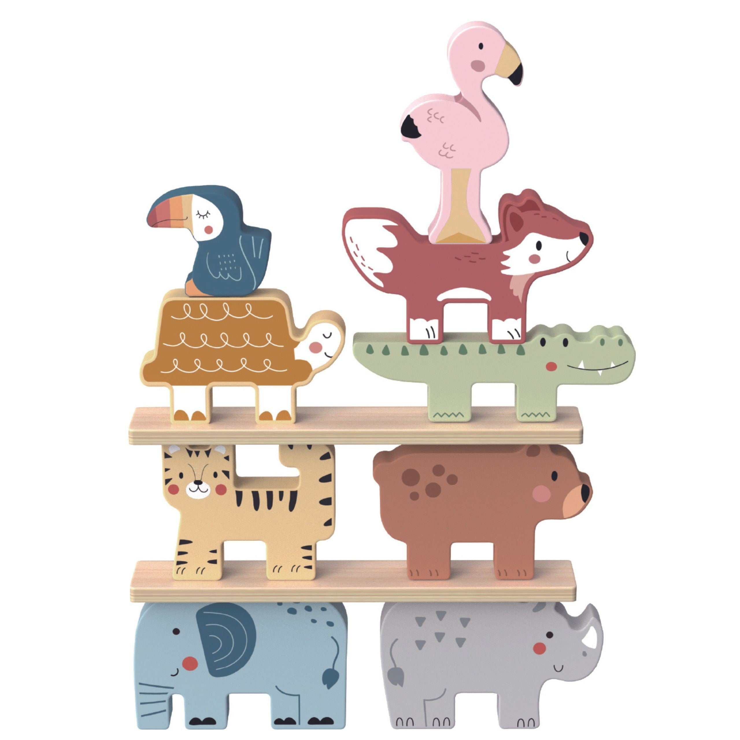 Tooky Toy Wooden Blocks Puzzle Tower Stacker Stacks Animals Montessori 13 Pcs.