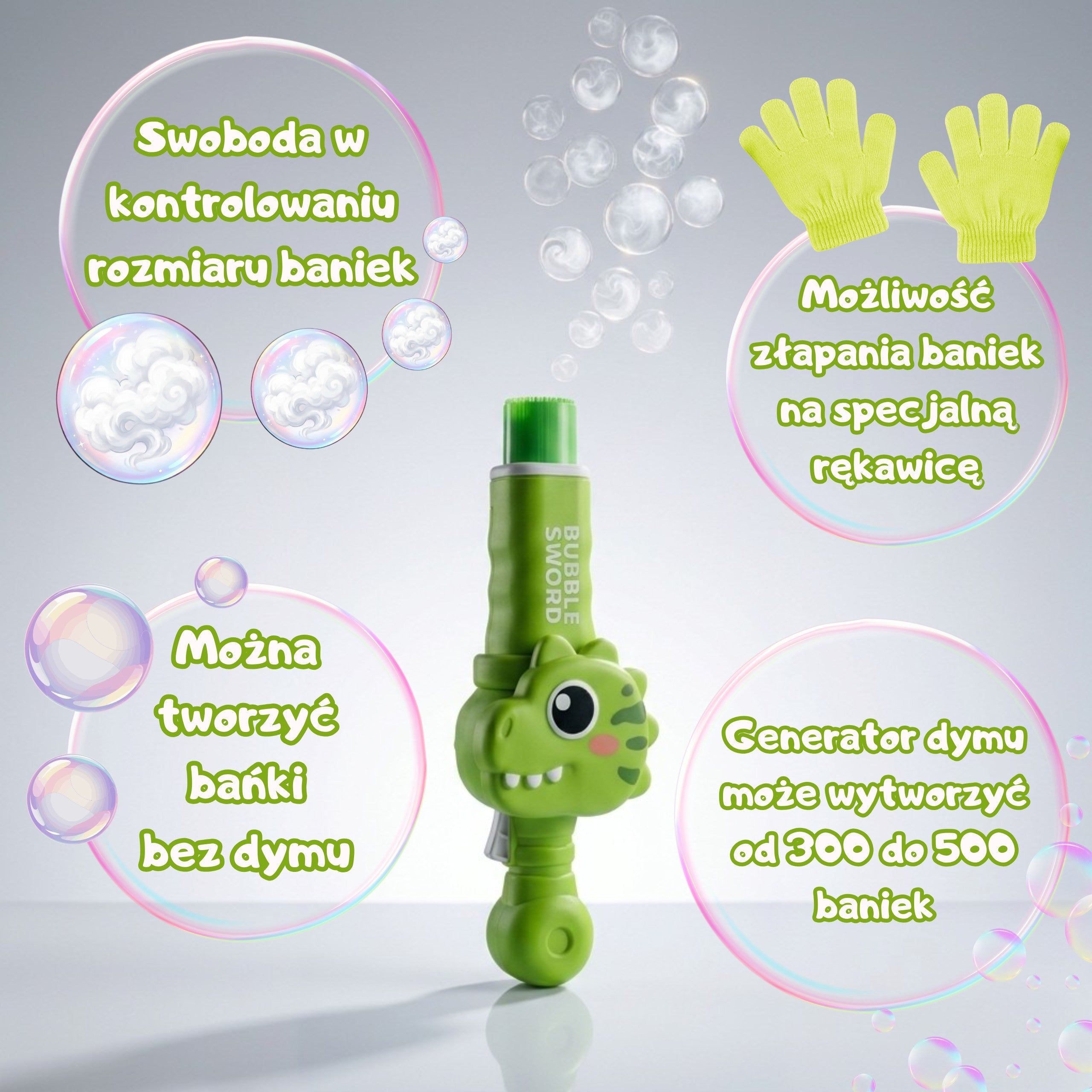Woopie Dinosaur Smoke Bubble Gun Máquina de bolhas de nevoeiro recarregável