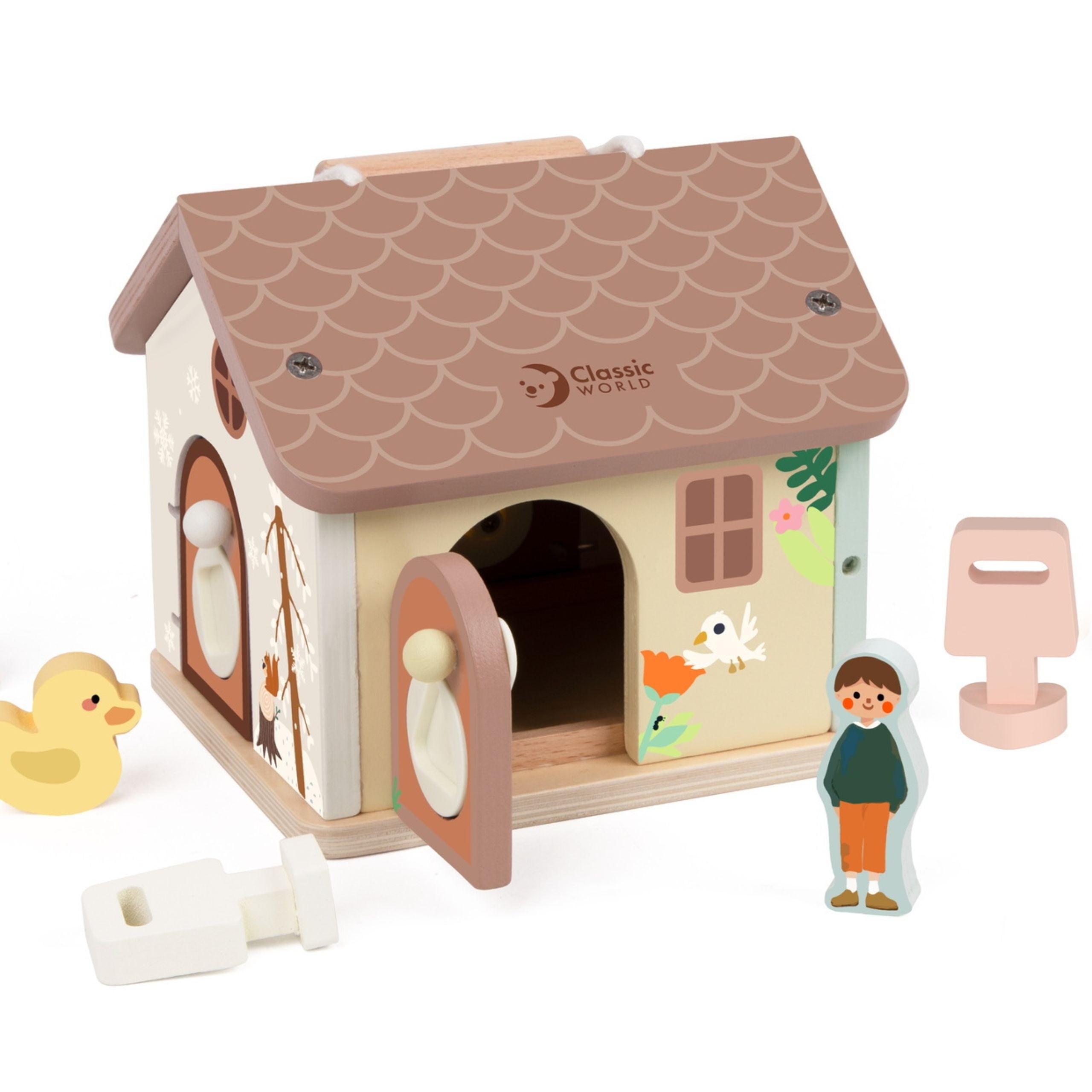 Casa educativa sensoriale in legno Classic World con serrature e chiavi 11 pezzi.