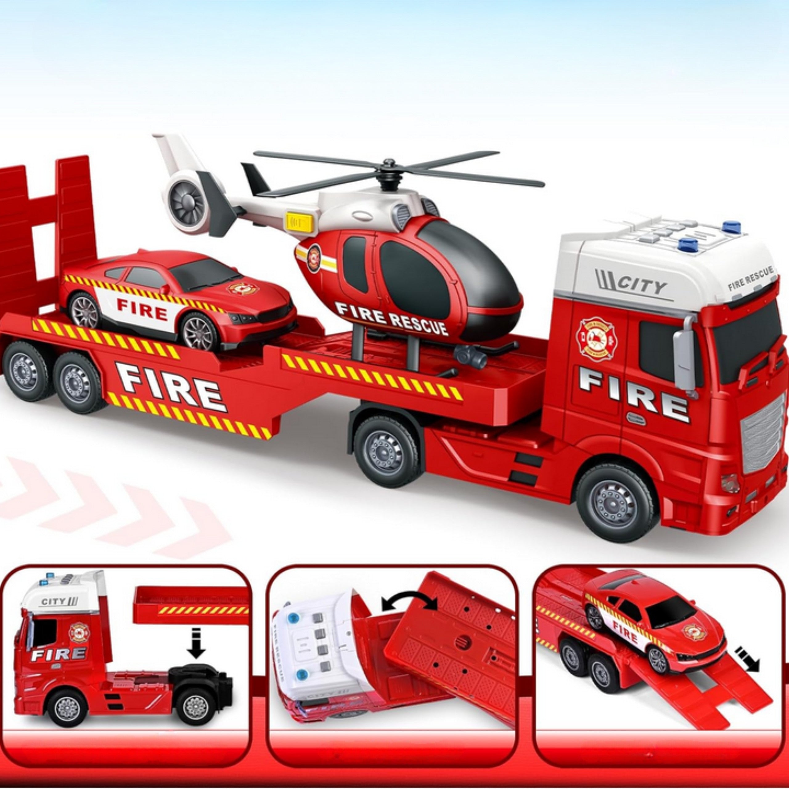 Woopie Juego de vehículos Camión de bomberos Helicóptero Coche Luz de sonido