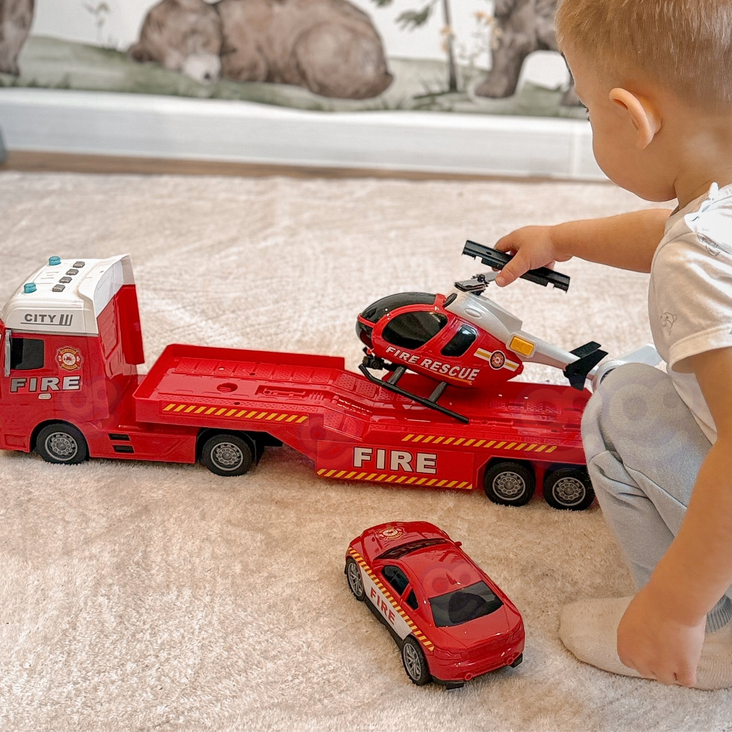 Woopie Juego de vehículos Camión de bomberos Helicóptero Coche Luz de sonido