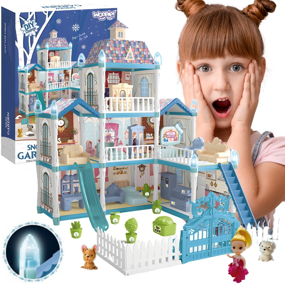 Casa de bonecas Woopie Winter Garden com acessórios e boneca iluminada 191 peças.