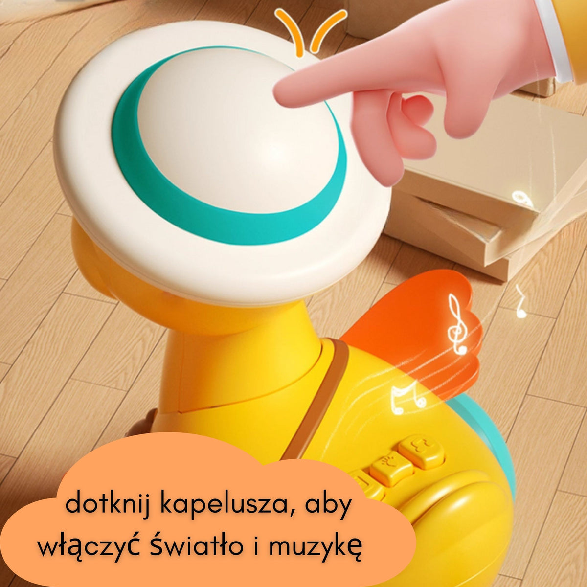 Woopie Baby żółta kaczka z różowym króliczkiem w przyczepie ciągnionej