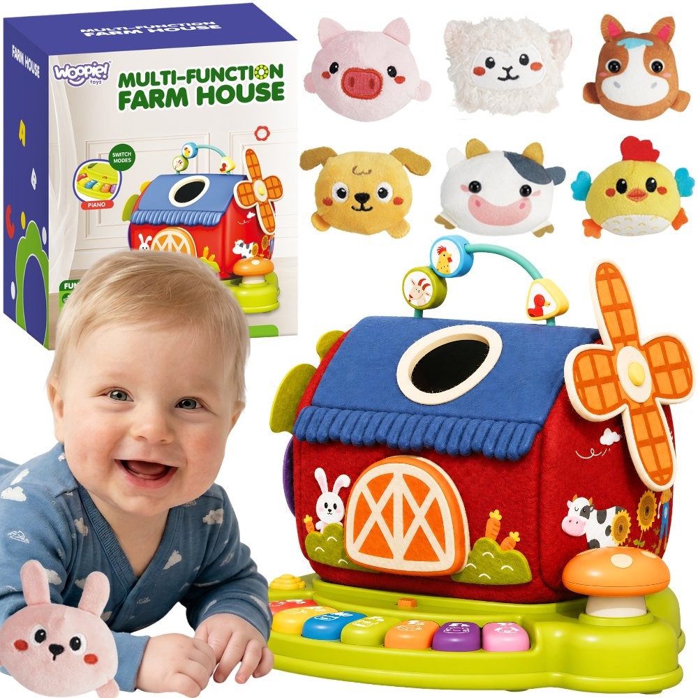 Woopie Baby Interactive Farm House Sorter Piano + 7 Plush Toys Educational