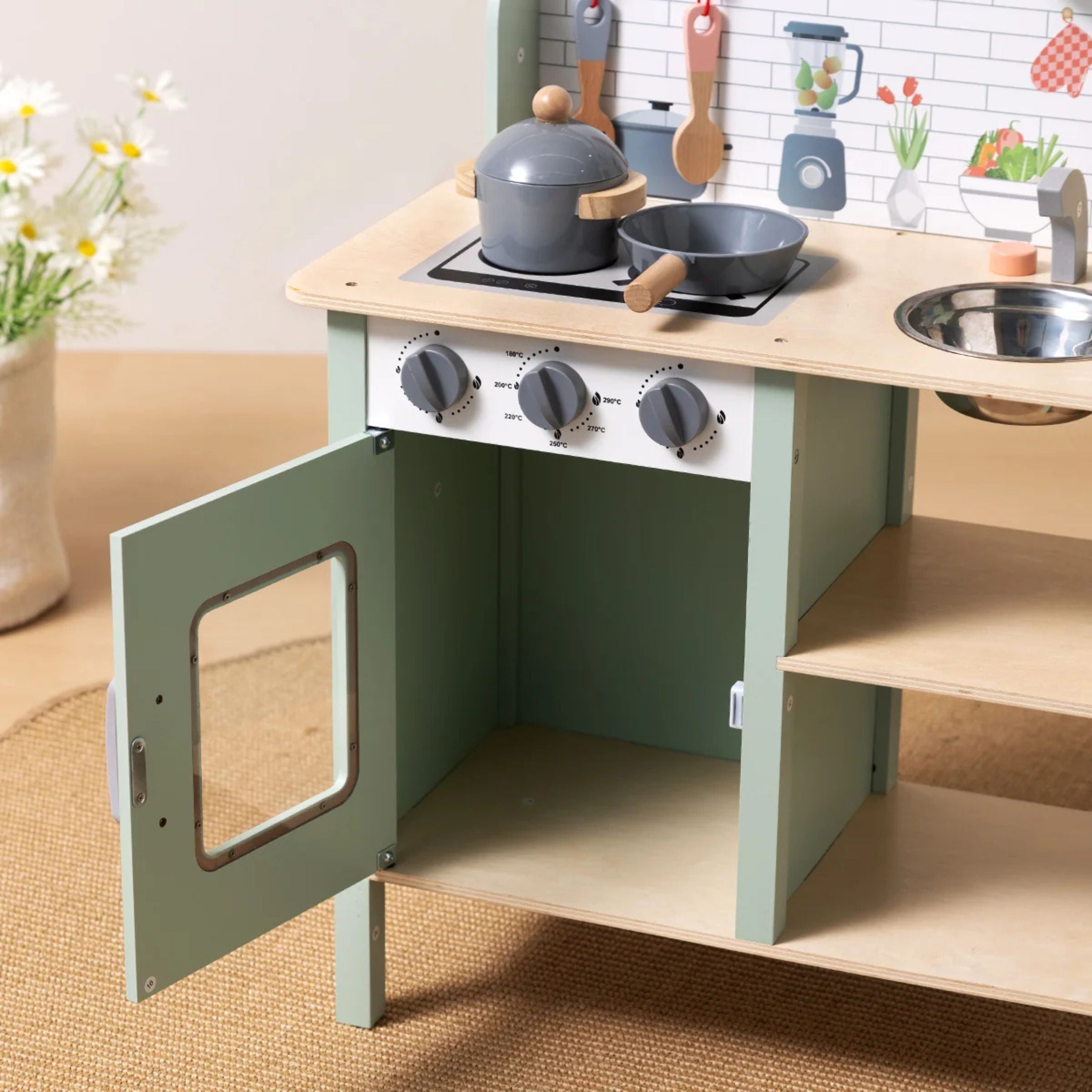 Cuisine en bois vert Tooky Toy avec accessoires