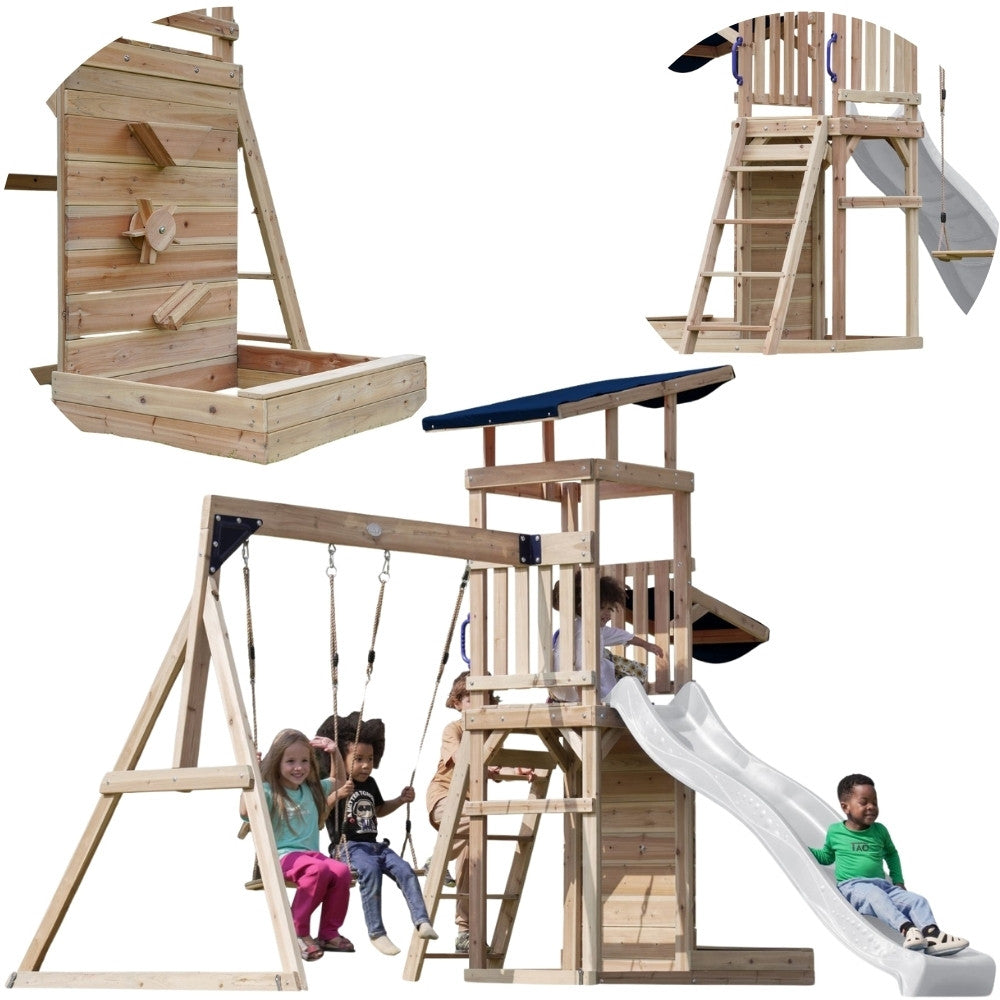 Altalene per parco giochi in legno Axi, torre con scivolo e sabbiera, colore bianco