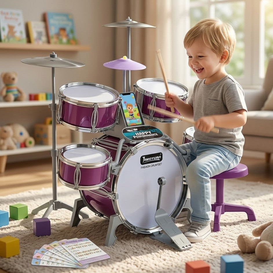 Conjunto de percussão educacional Woopie para crianças 5 tambores 1 prato