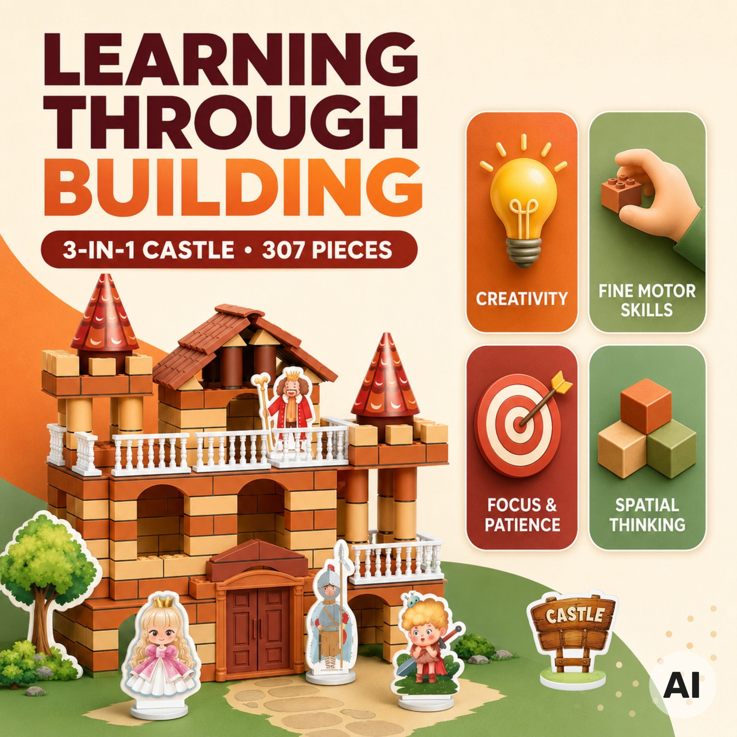 3-in-1 Brick Castle 307 Pieces Figures Diy Construction Set For Kids