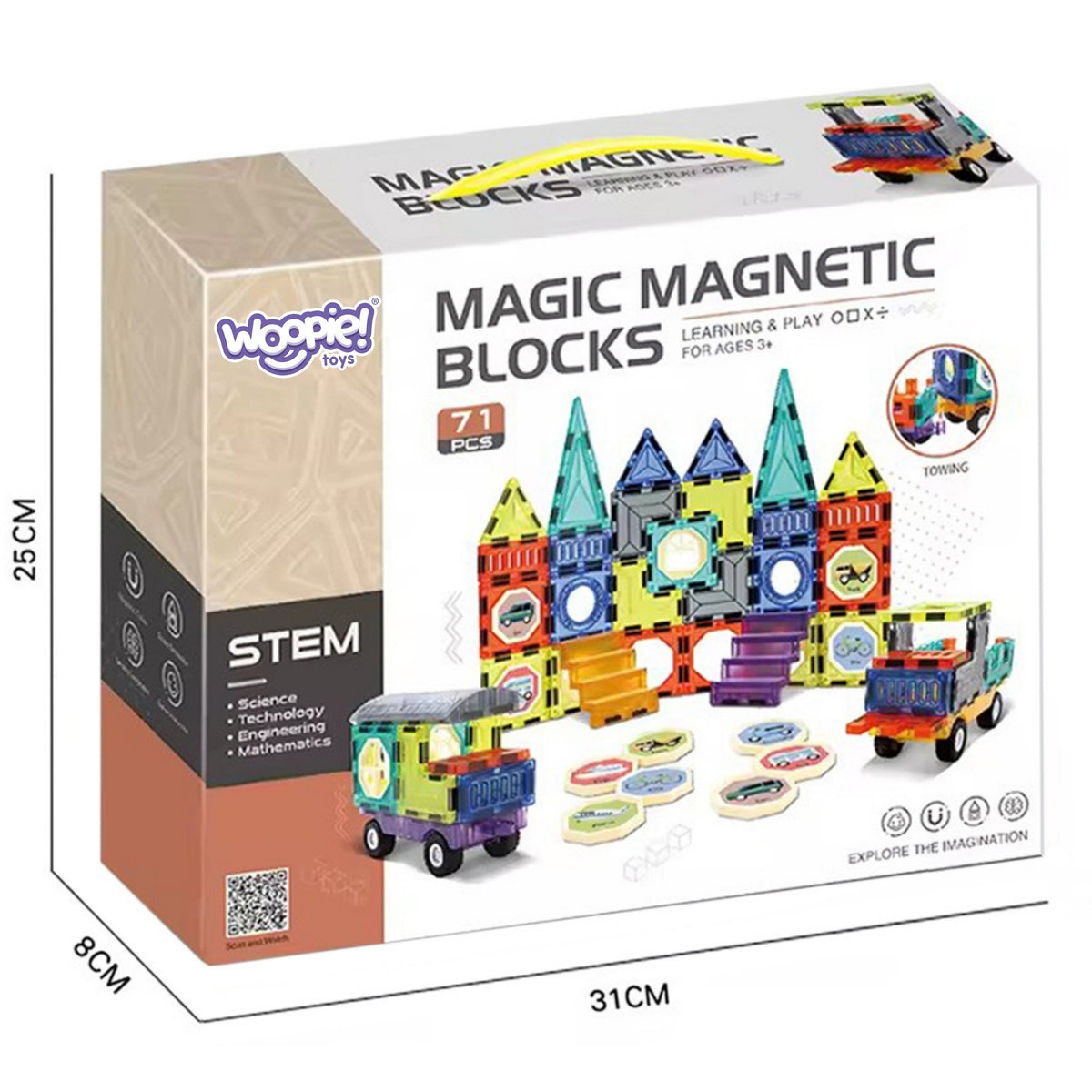 Conjunto de blocos magnéticos Woopie 3D, veículos de castelo 71 unidades.