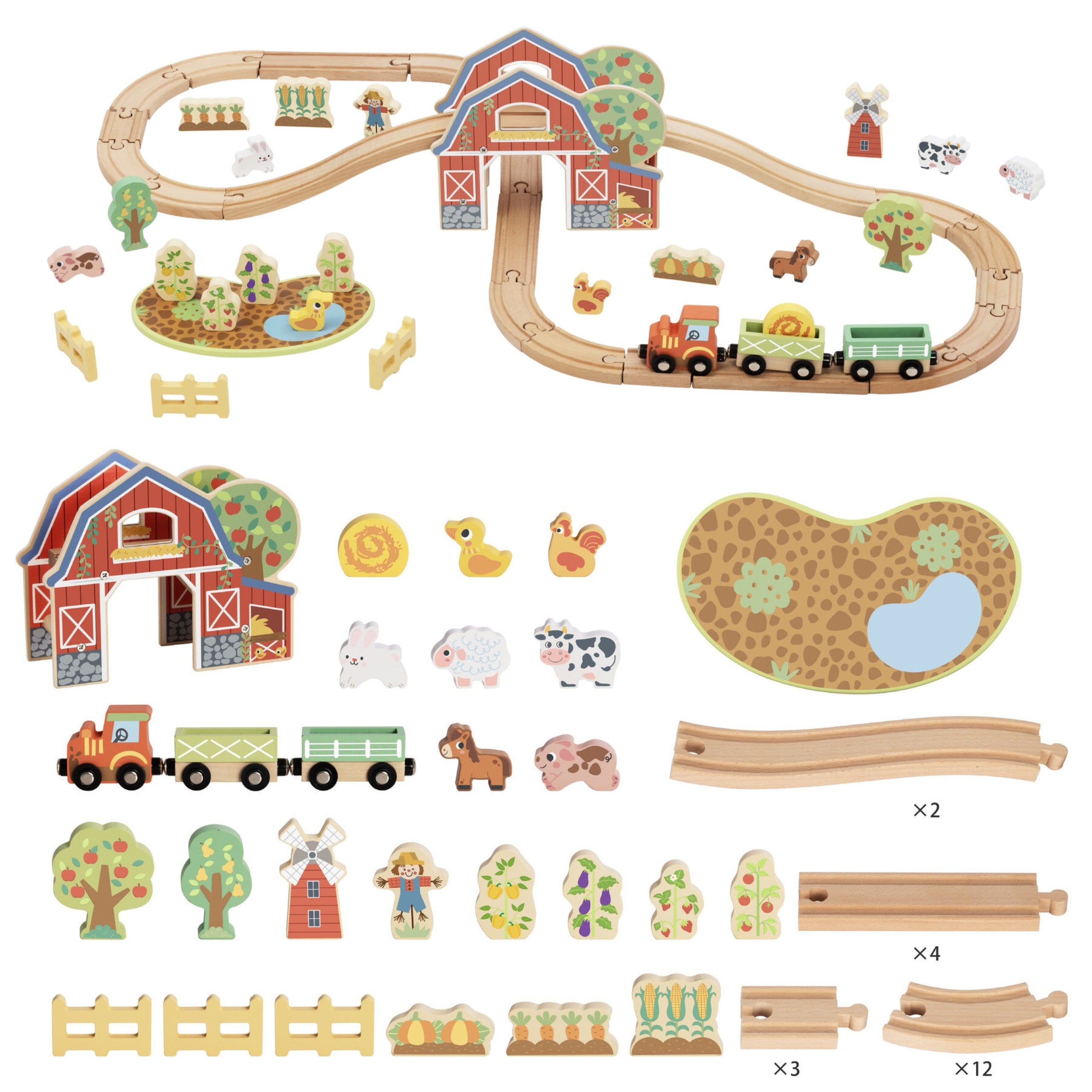 Tooky Toy Bauernhof-Eisenbahn-Set aus Holz, 48-tlg.