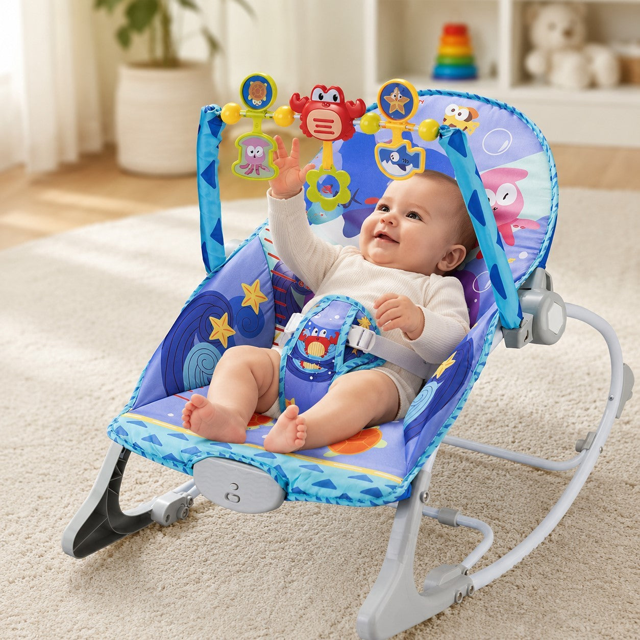 Woopie Baby 2-in-1 Rocker And Bouncer Crab Interactive Vibrations Melodies
