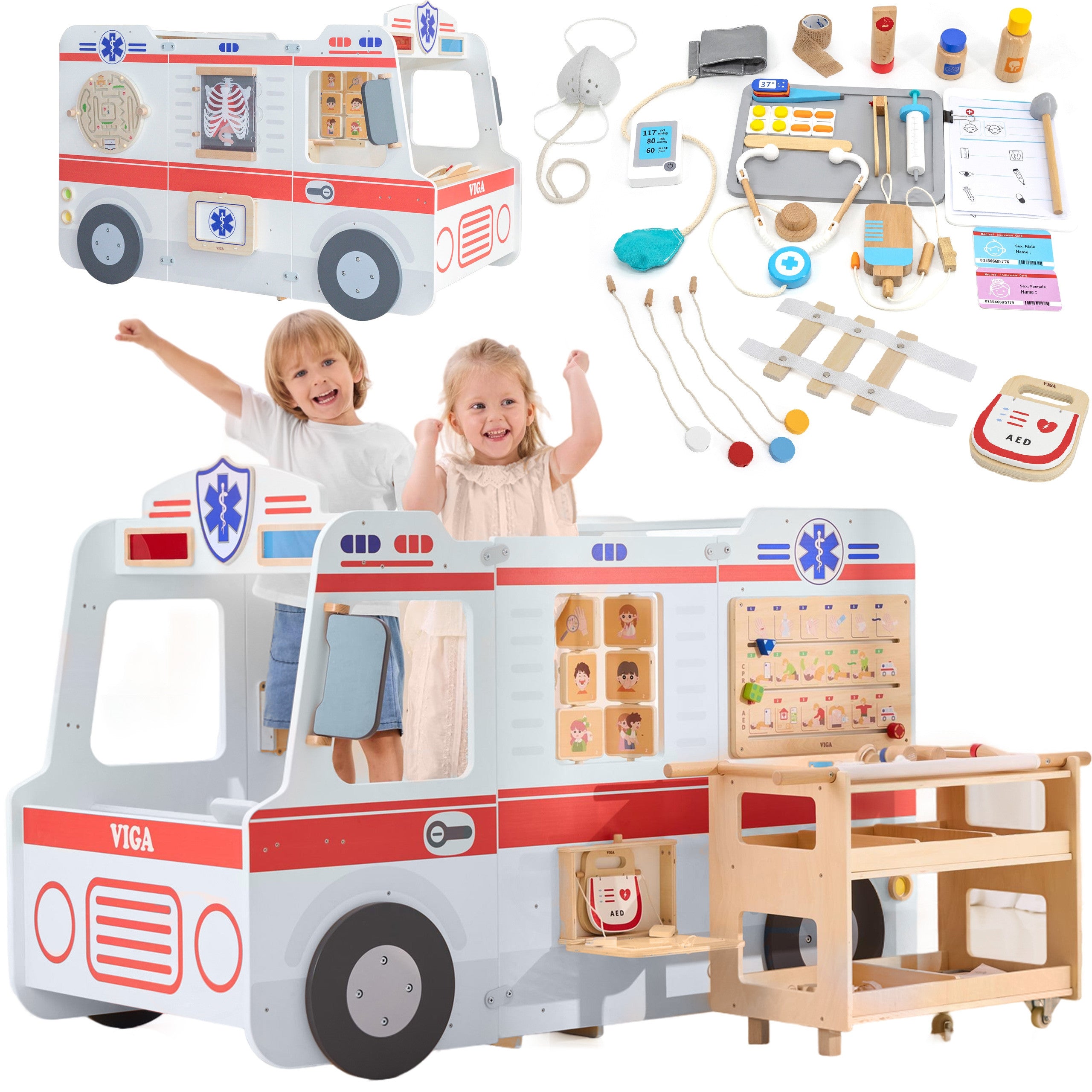 Viga Set Ambulanza Grande in Legno Ambulanza Per Piccoli Soccorritori Accessori 25 Pz.