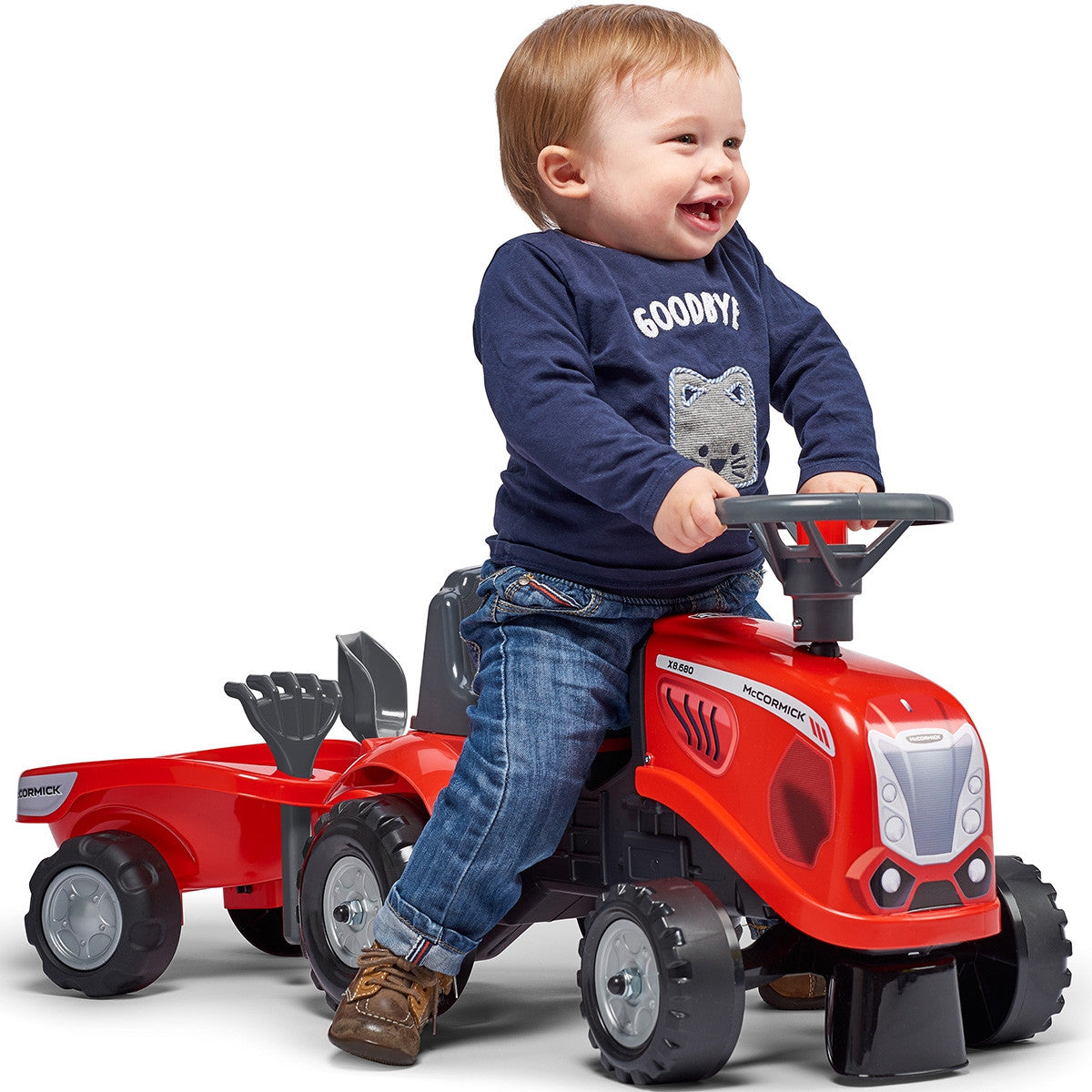 Czerwony traktor Falk Baby Mac Cormick z przyczepą i akcesoriami od 1 roku