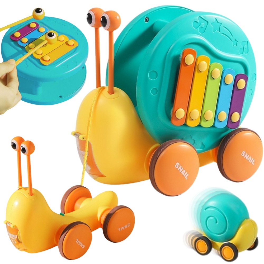Woopie 4-in-1 Pull-along Snail Cymbals Sensory Gears Launcher + Small Car