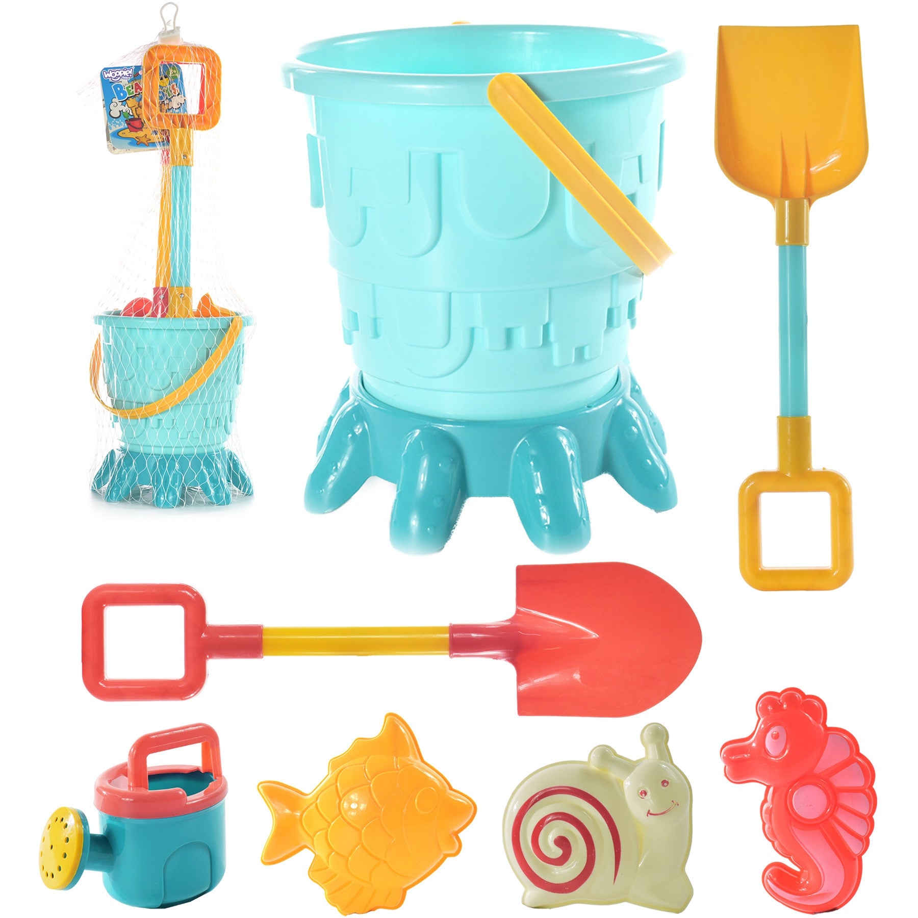 Woopie Set: Bucket Molds Shovels Watering Can For Sand 7 Pcs.