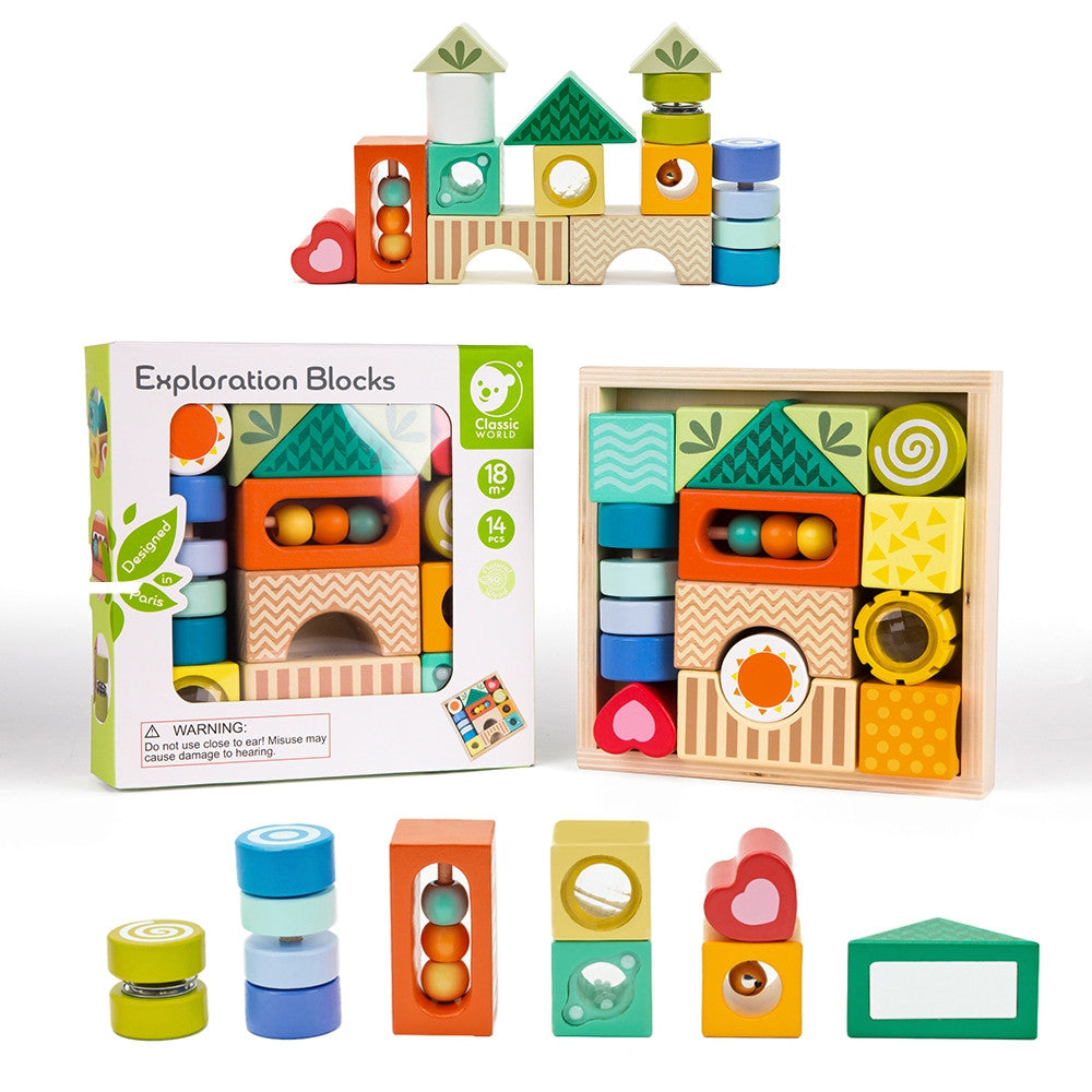 Classic World Wooden Sensory Blocks 7 Functions Multifunctional Puzzle Shapes Sound Montessori 14 Pcs.