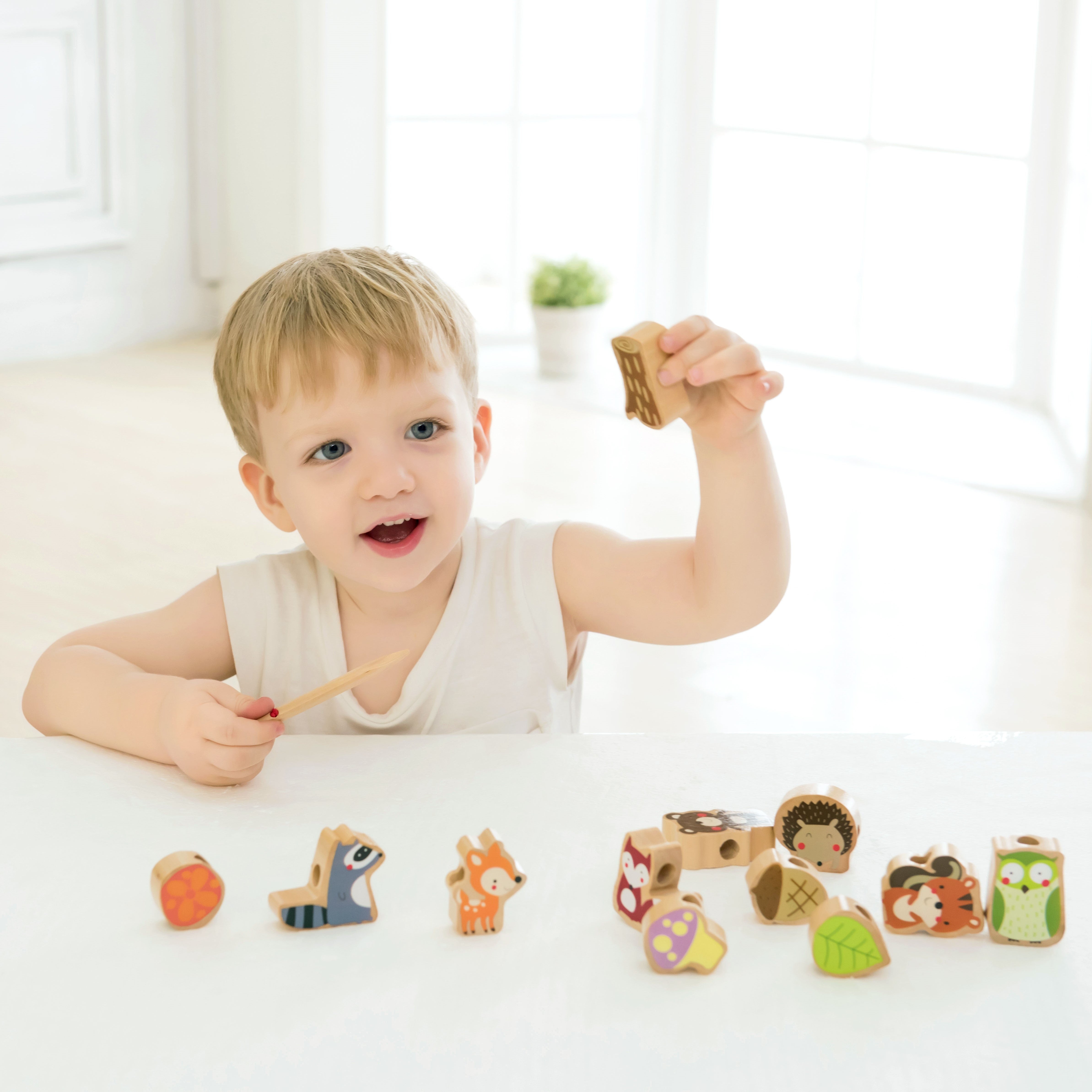 Classic World Wooden Threading Blocks Forest Animals 13 Pcs.