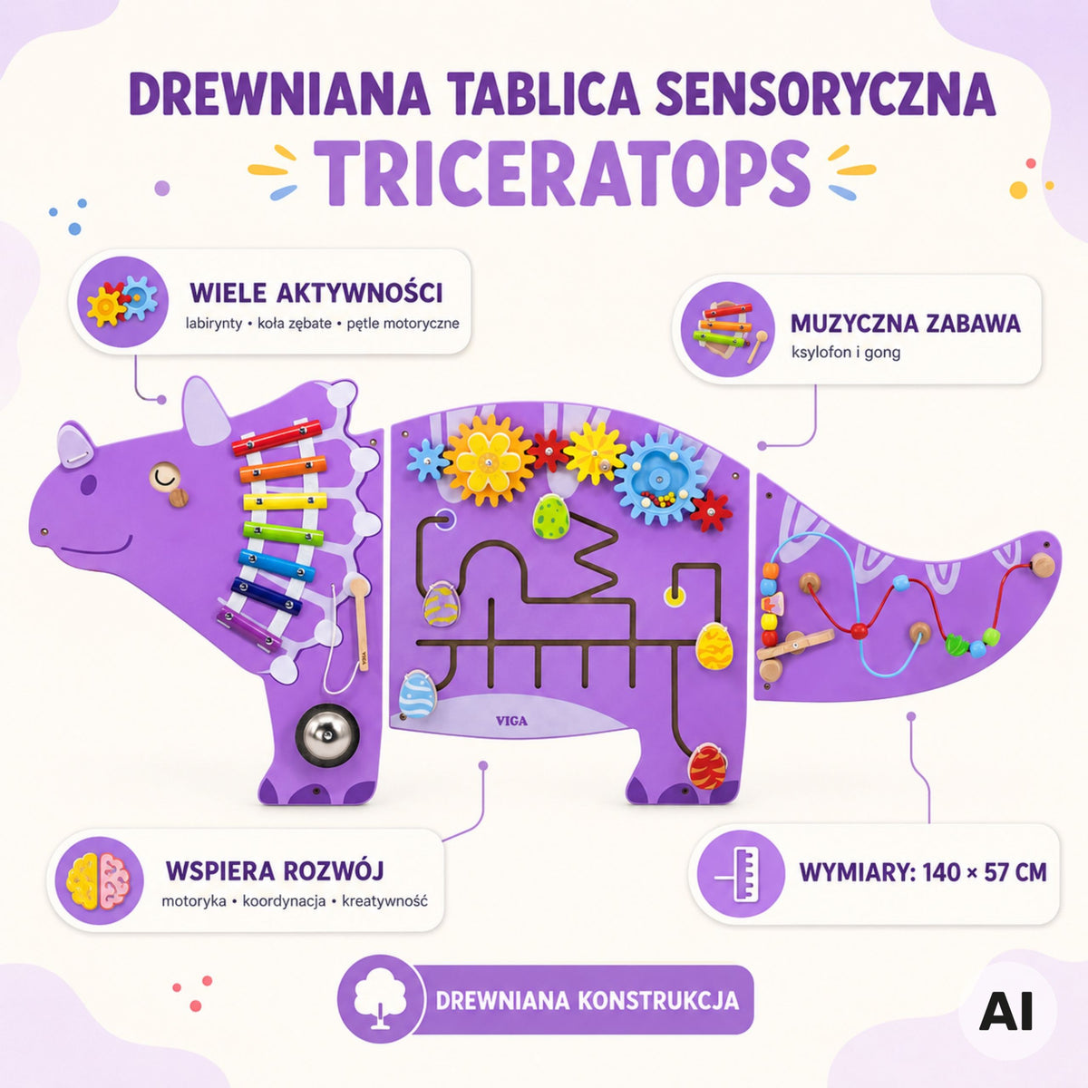 Viga træ-sansemanipulationsbræt Edu Triceratops
