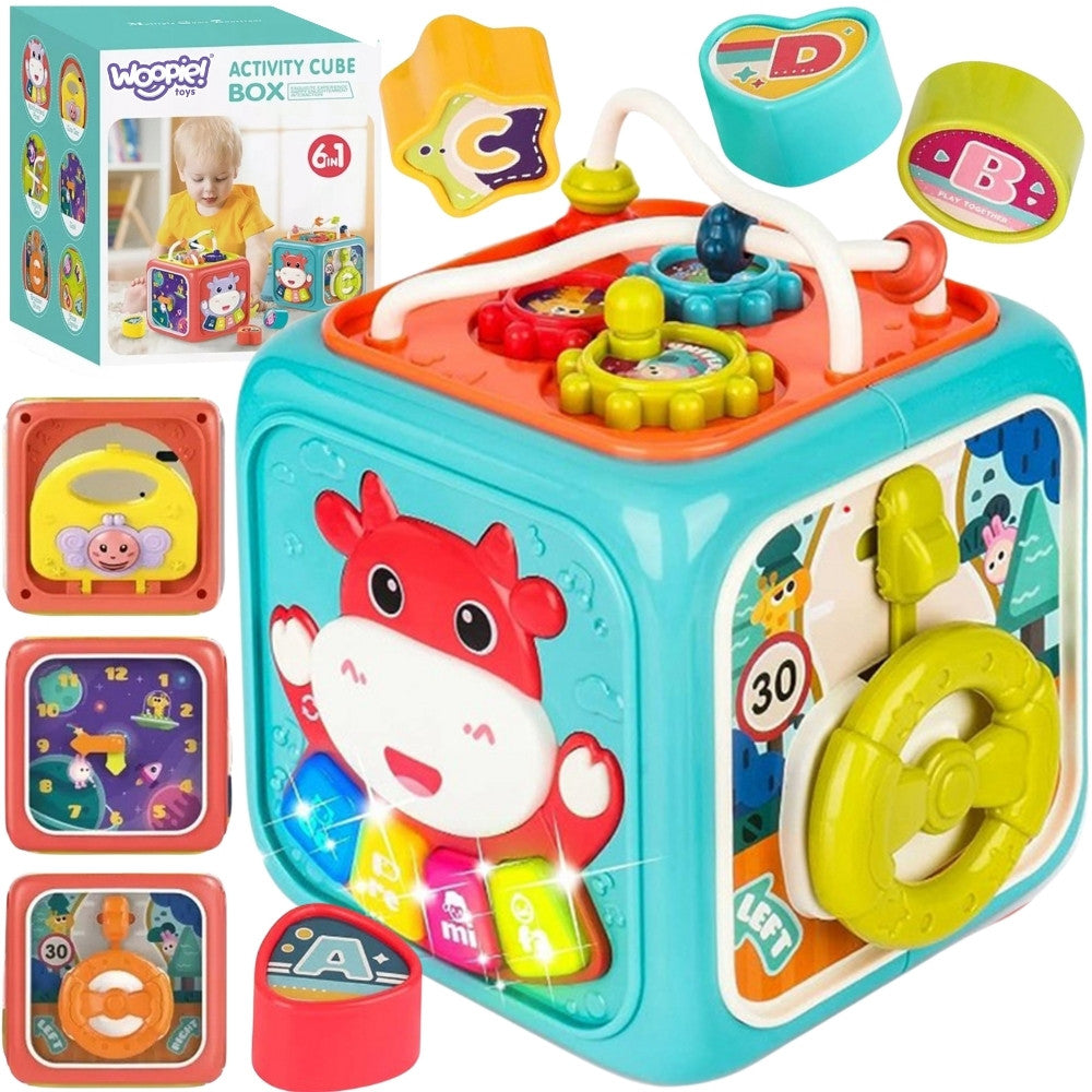 Woopie Baby Interaktív szenzoros kocka oktatási Montessori válogató 6 az 1-ben