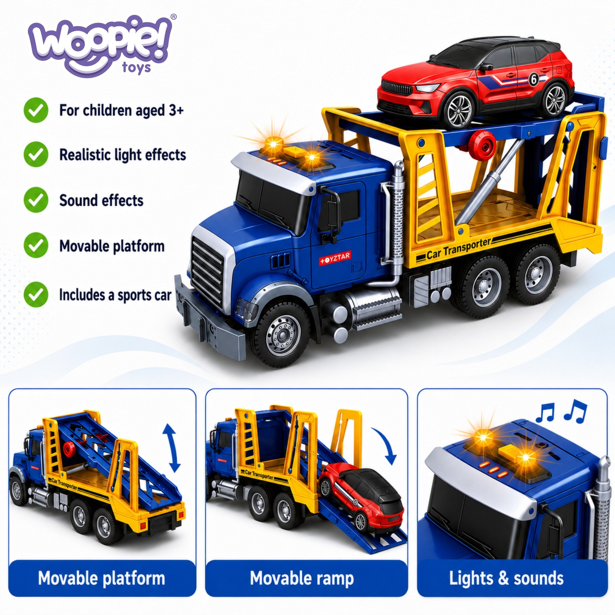 Woopie Grúa Transporter Con Coche Luz Sonido Escala 1:14