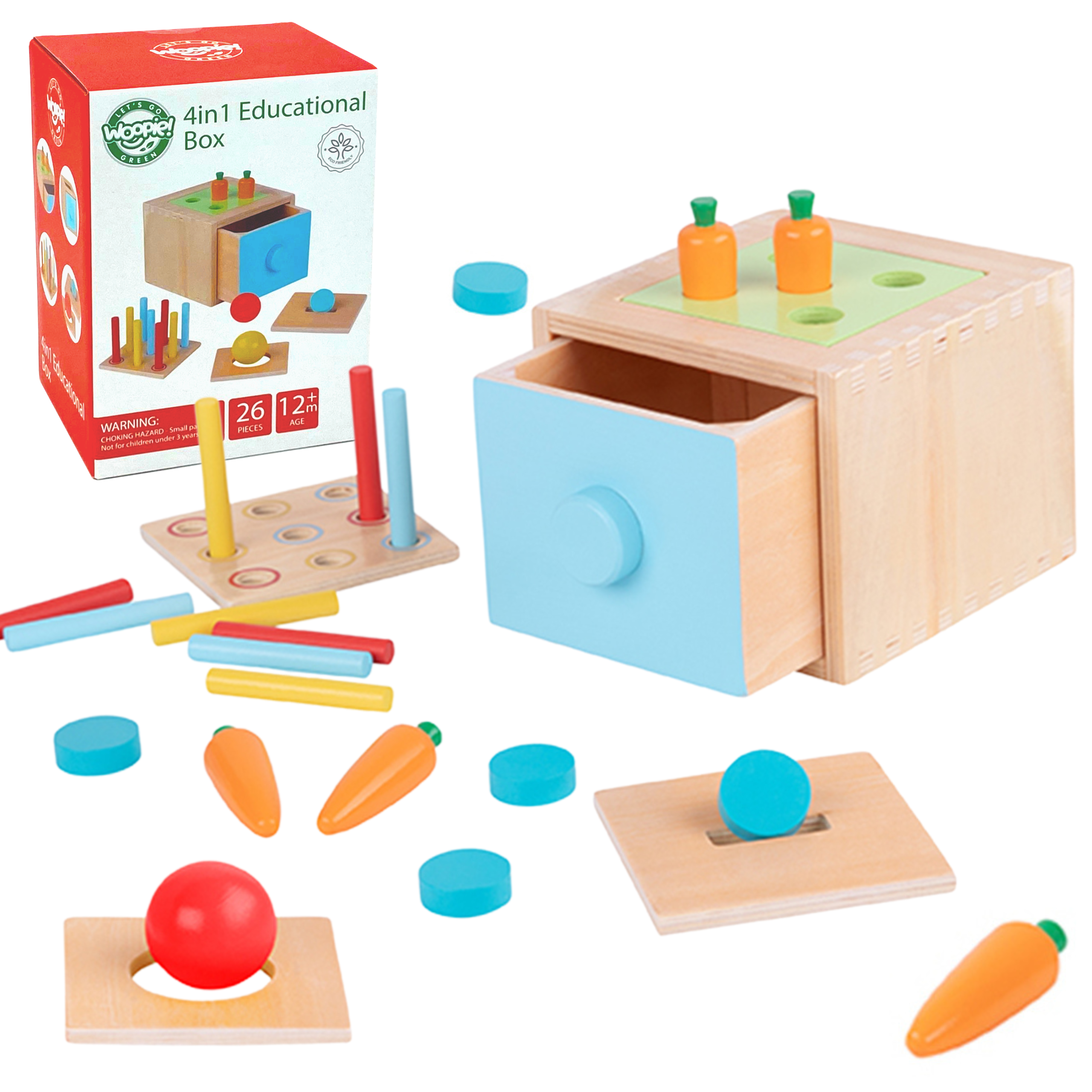 Woopie Green Wooden Educational Drawer 4-in-1 Montessori Sorter Carrot Game Fsc