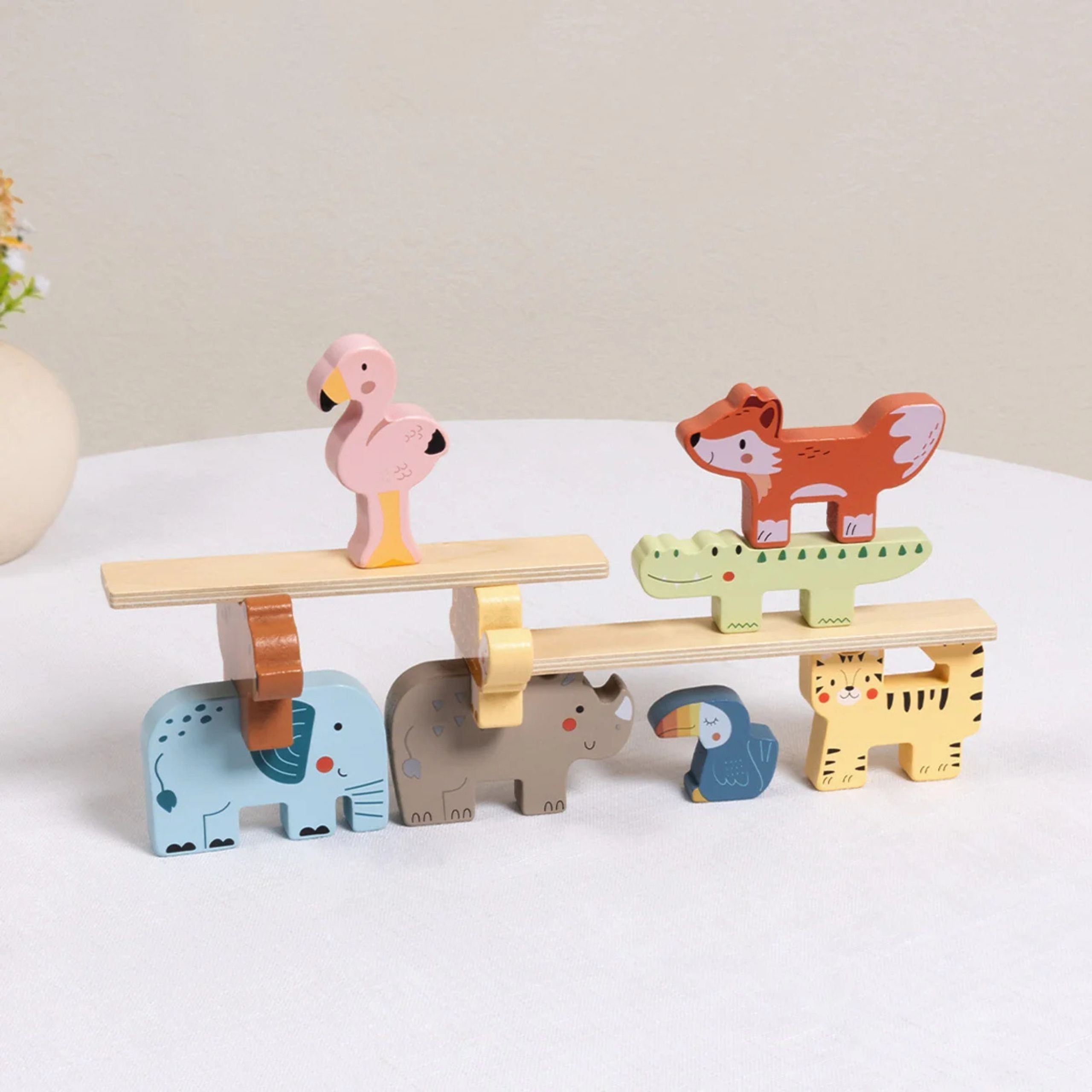 Tooky Toy Wooden Blocks Puzzle Tower Stacker Stacks Animals Montessori 13 Pcs.