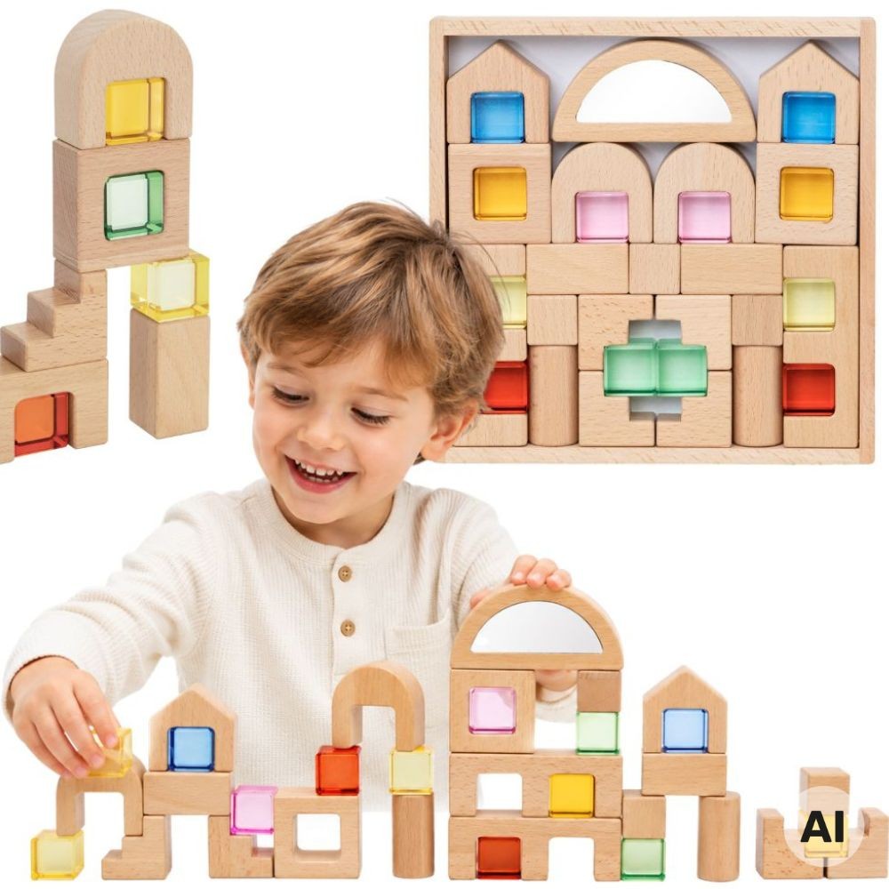 Viga Wooden Construction Blocks With Colored Windows 32 Pcs.
